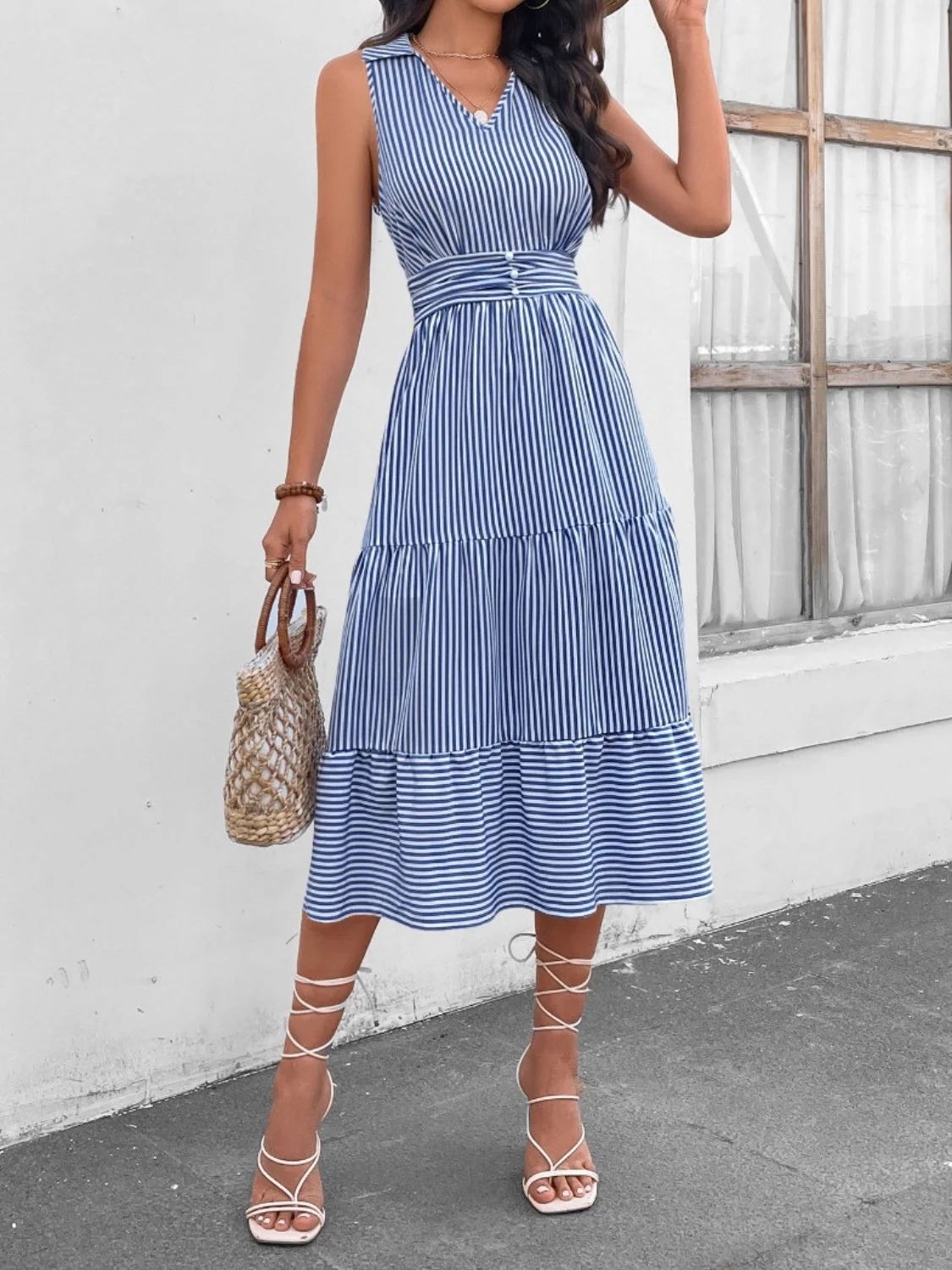 Striped Johnny Collar Sleeveless Midi Dress - Image 13