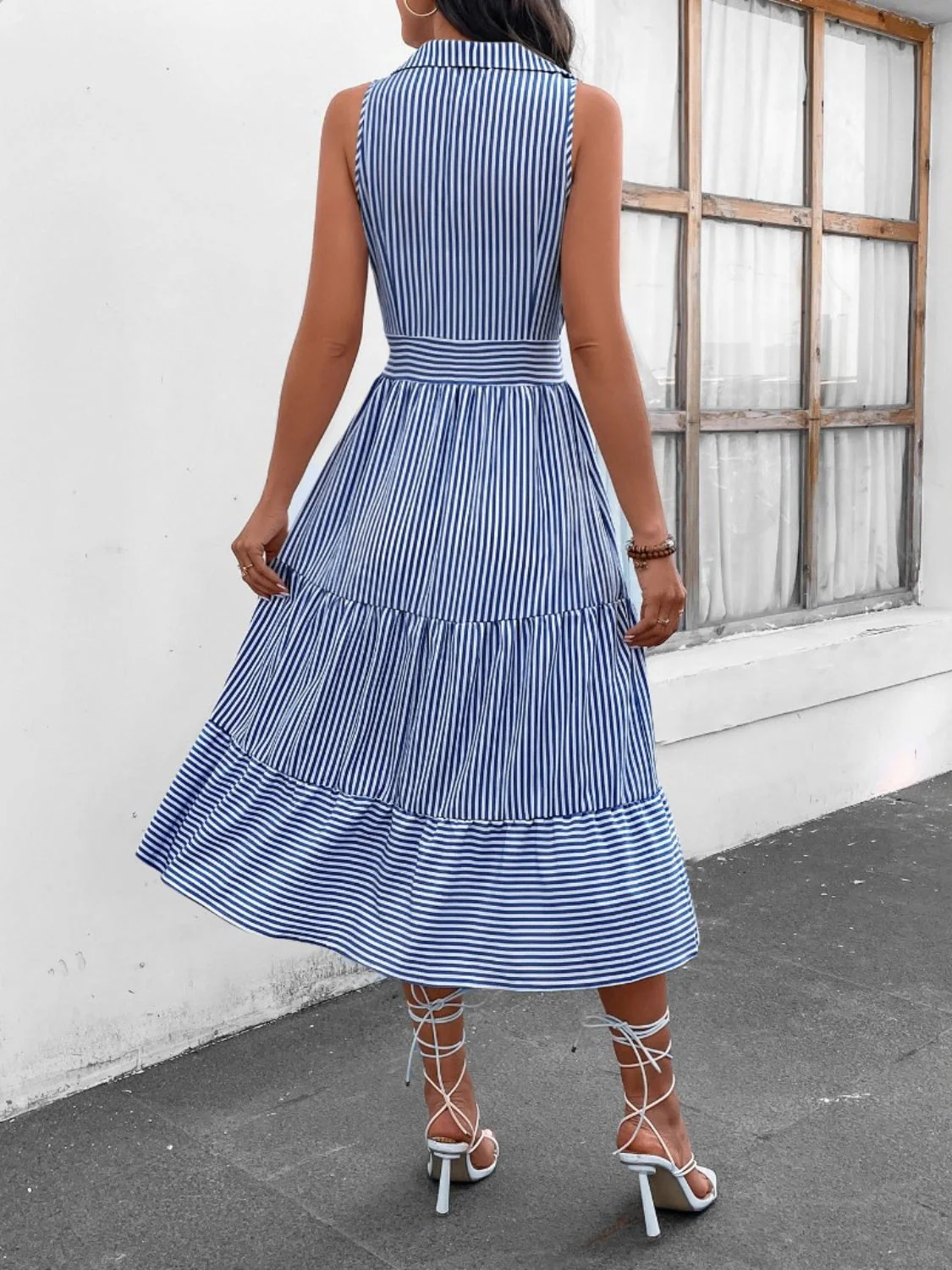 Striped Johnny Collar Sleeveless Midi Dress - Image 14