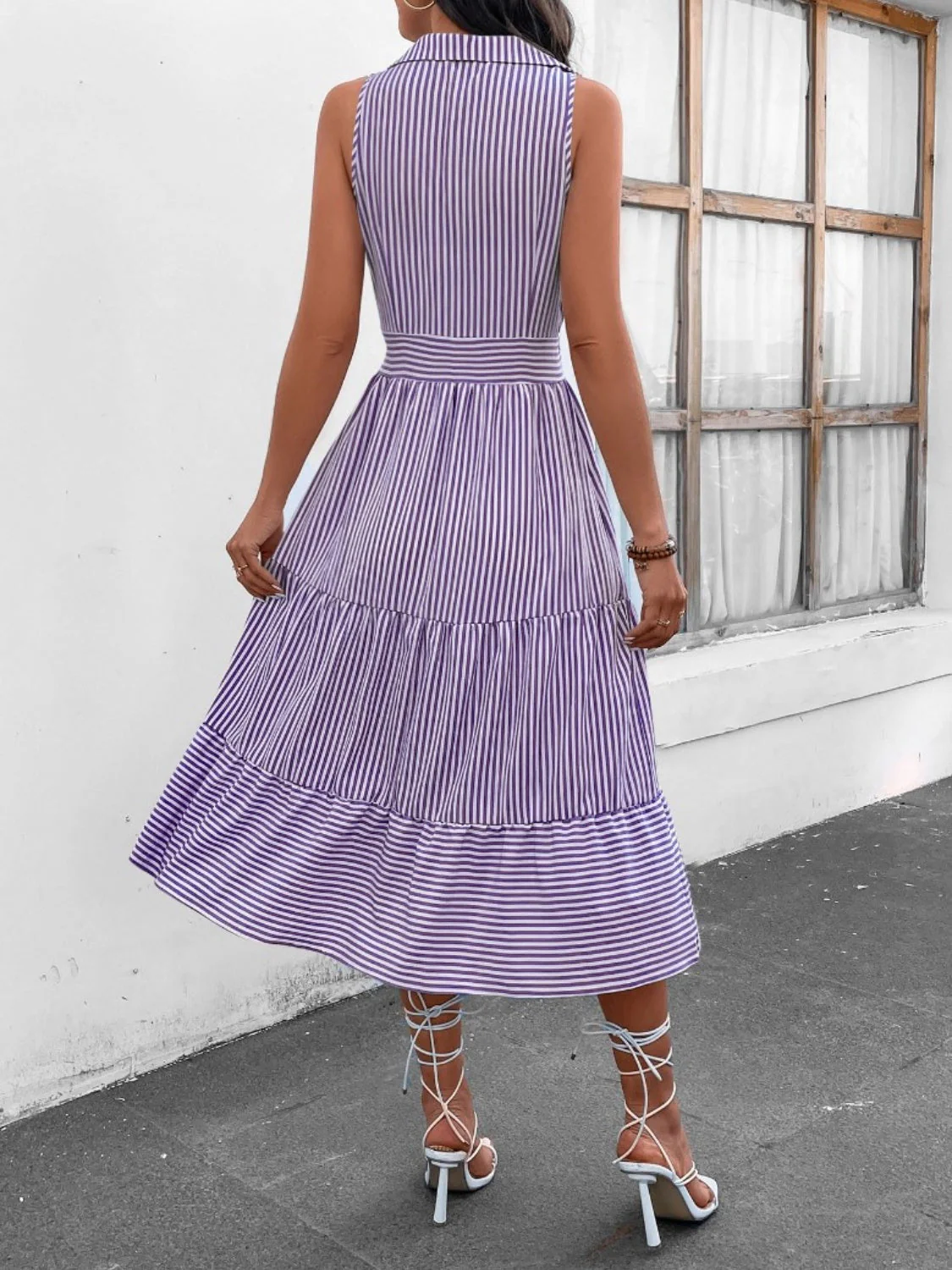 Striped Johnny Collar Sleeveless Midi Dress - Image 17