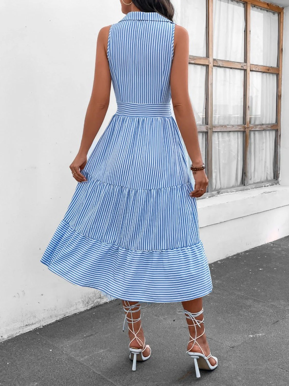 Striped Johnny Collar Sleeveless Midi Dress - Image 2