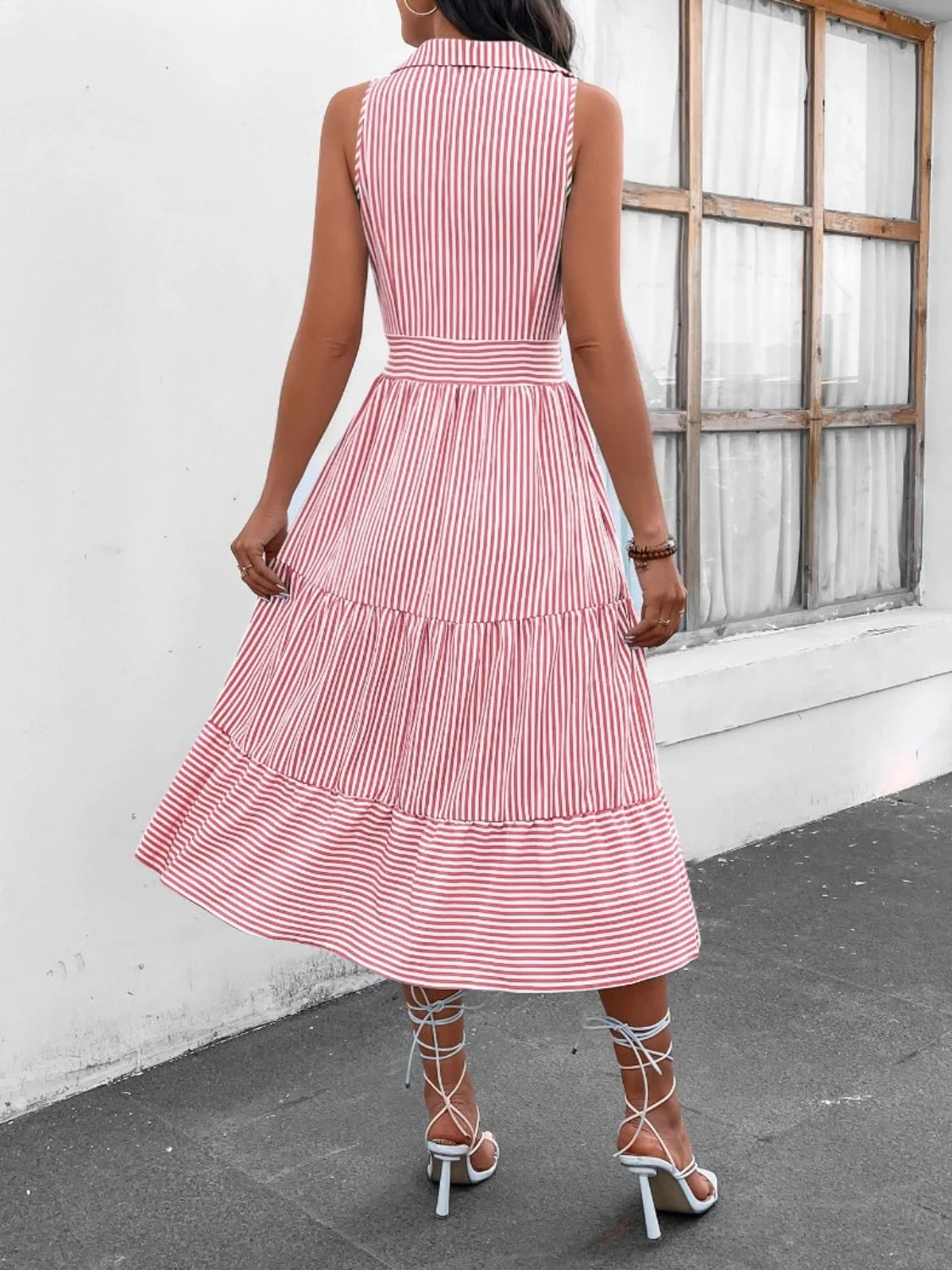 Striped Johnny Collar Sleeveless Midi Dress - Image 5