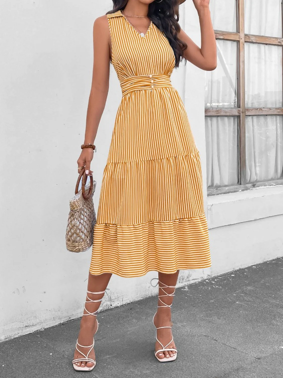 Striped Johnny Collar Sleeveless Midi Dress - Image 7
