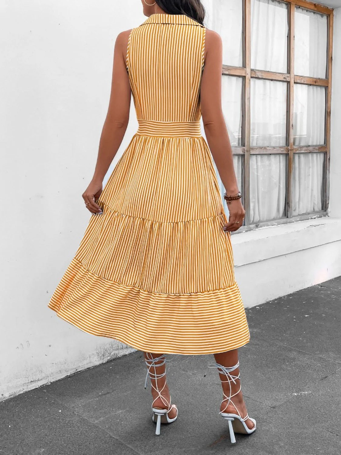 Striped Johnny Collar Sleeveless Midi Dress - Image 8
