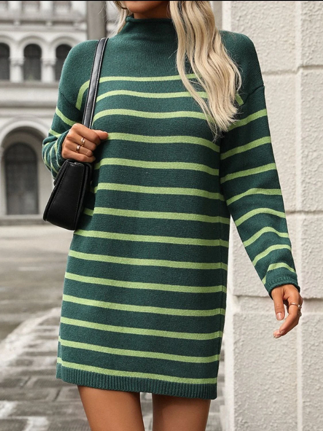 Striped Mock Neck Long Sleeve Mini Dress - Image 10