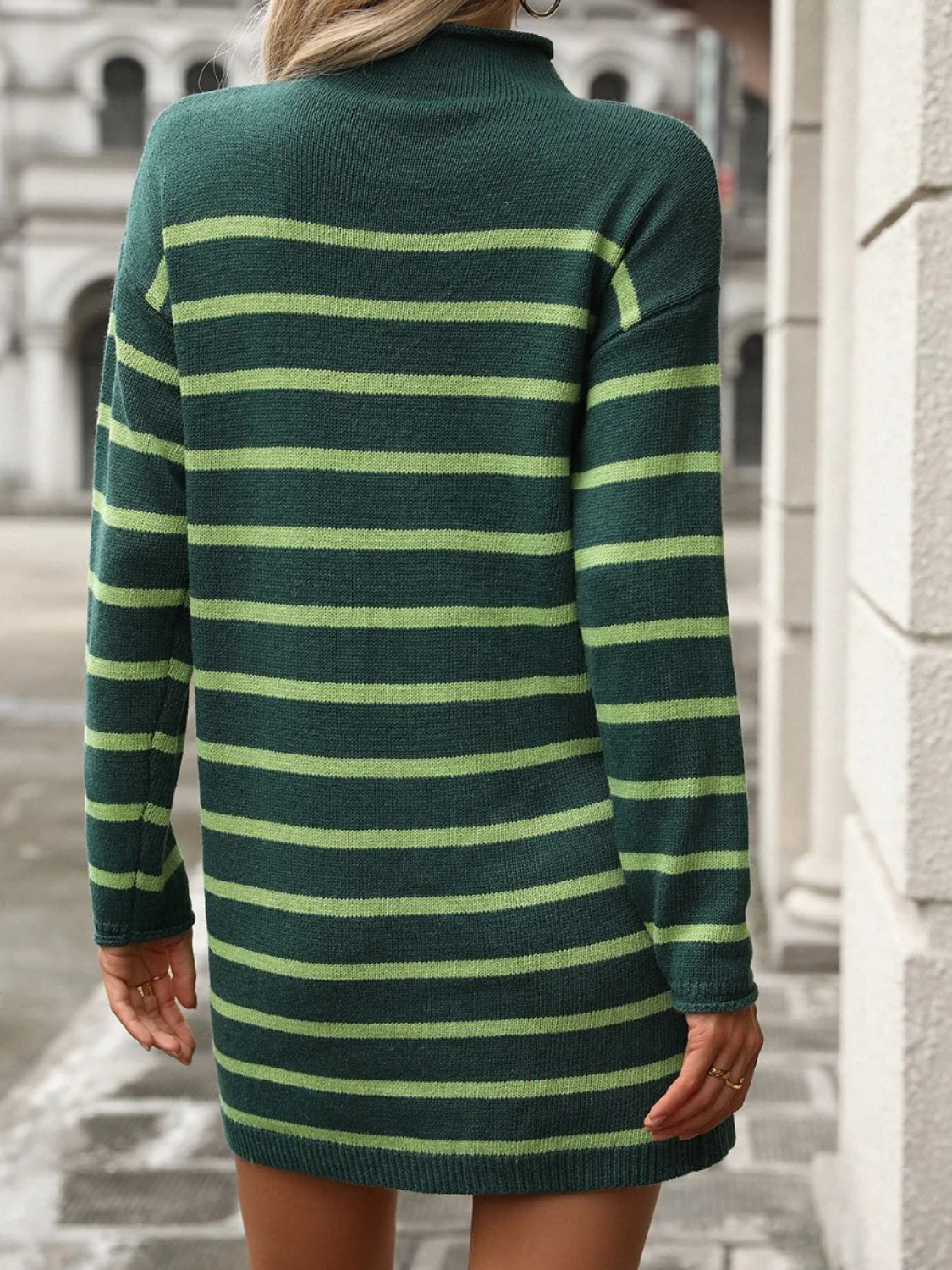 Striped Mock Neck Long Sleeve Mini Dress - Image 11