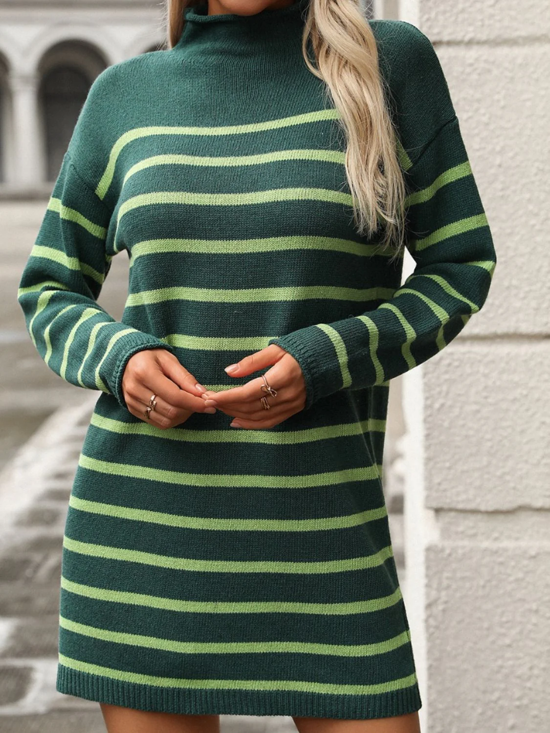 Striped Mock Neck Long Sleeve Mini Dress - Image 12