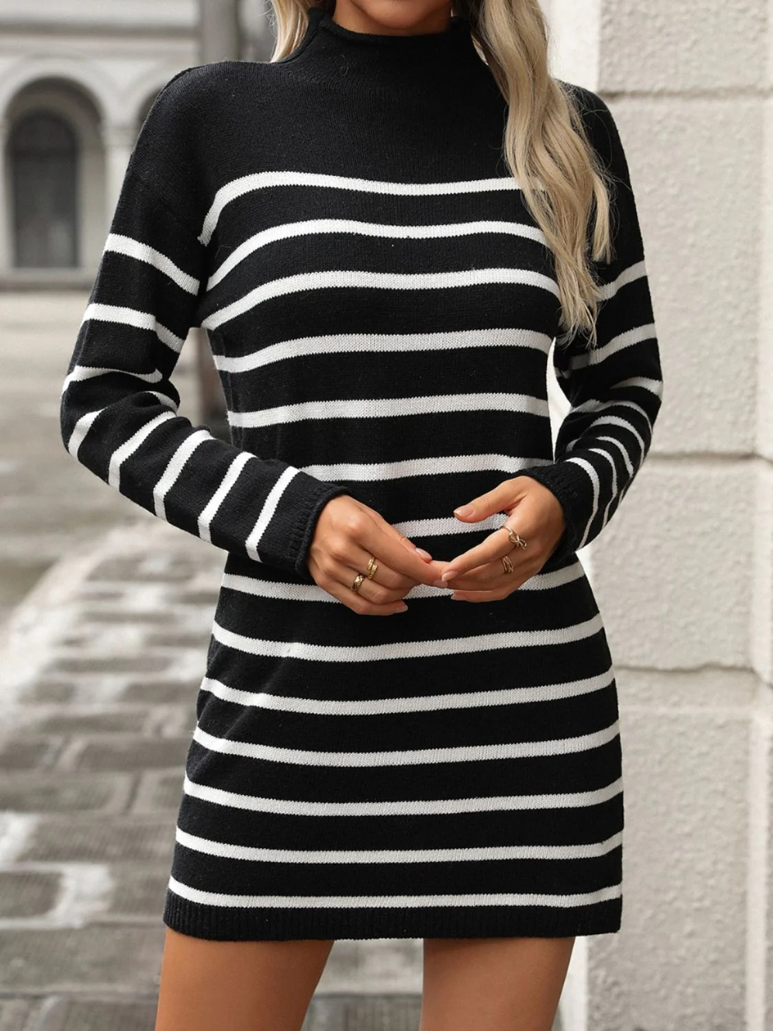 Striped Mock Neck Long Sleeve Mini Dress - Image 7