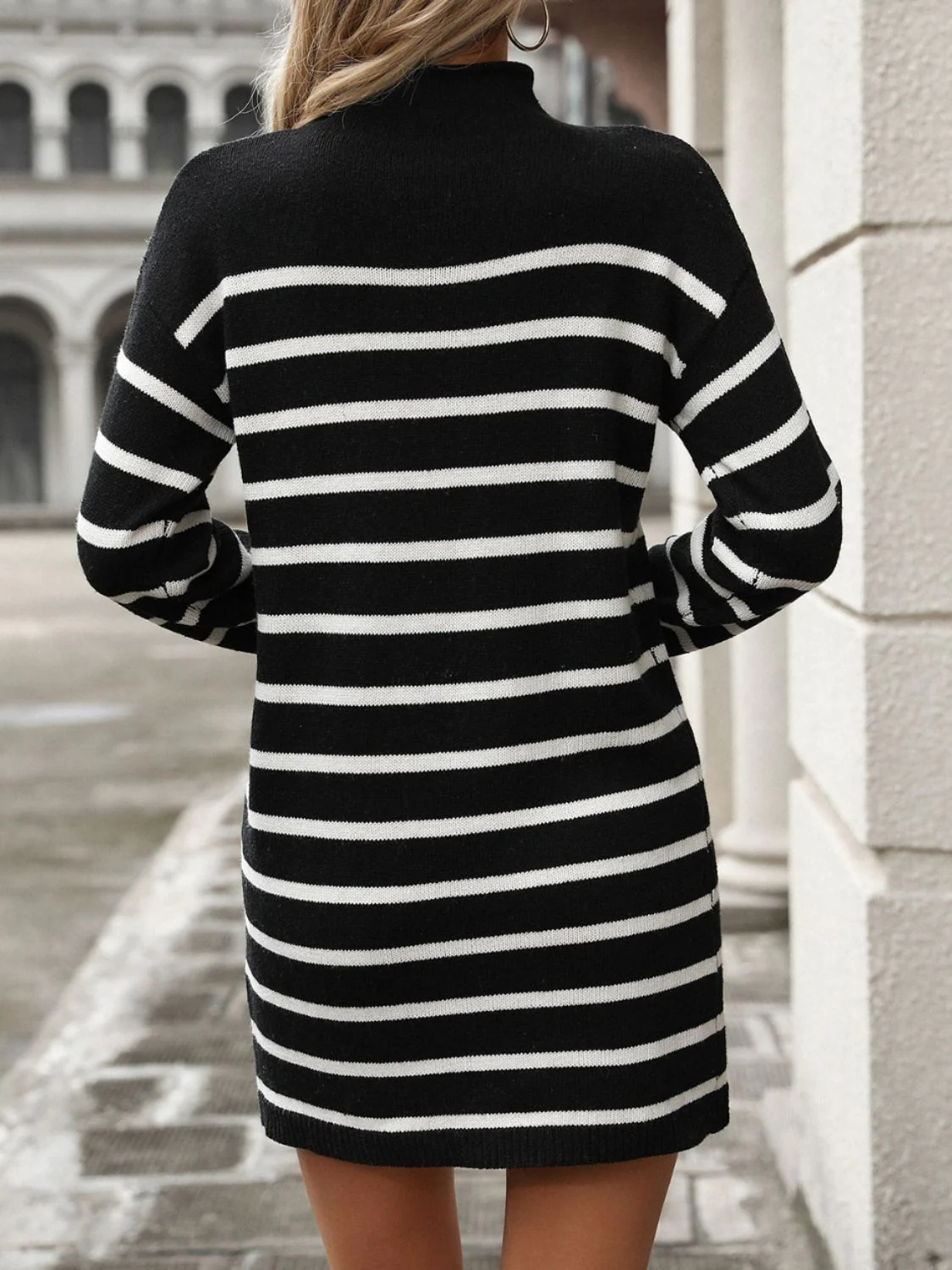 Striped Mock Neck Long Sleeve Mini Dress - Image 9
