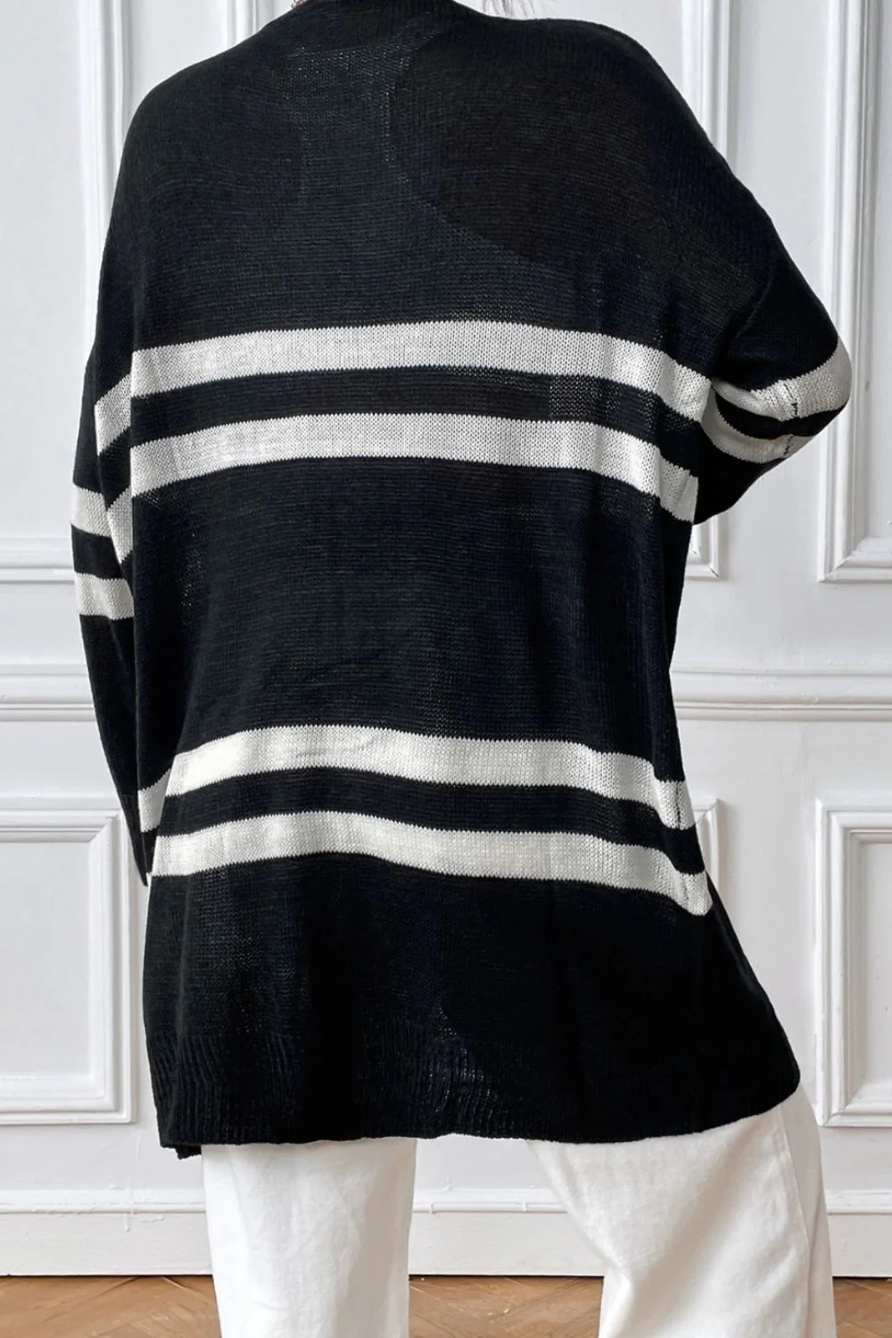 Striped Open Front Dropped Shoulder Cardigan - Image 2