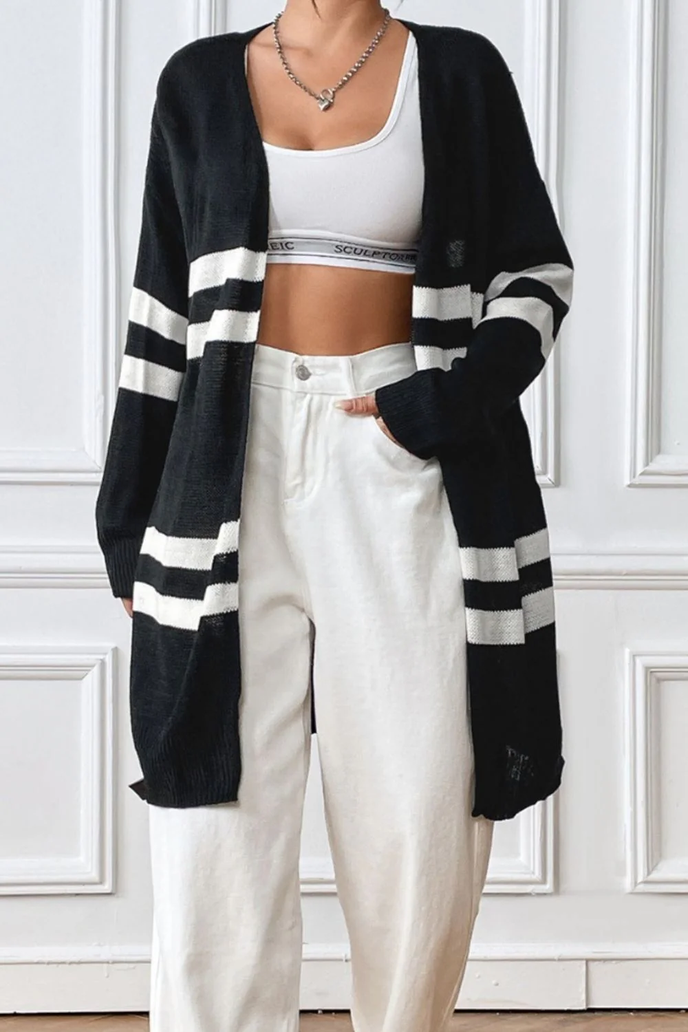 Striped Open Front Dropped Shoulder Cardigan - Image 3