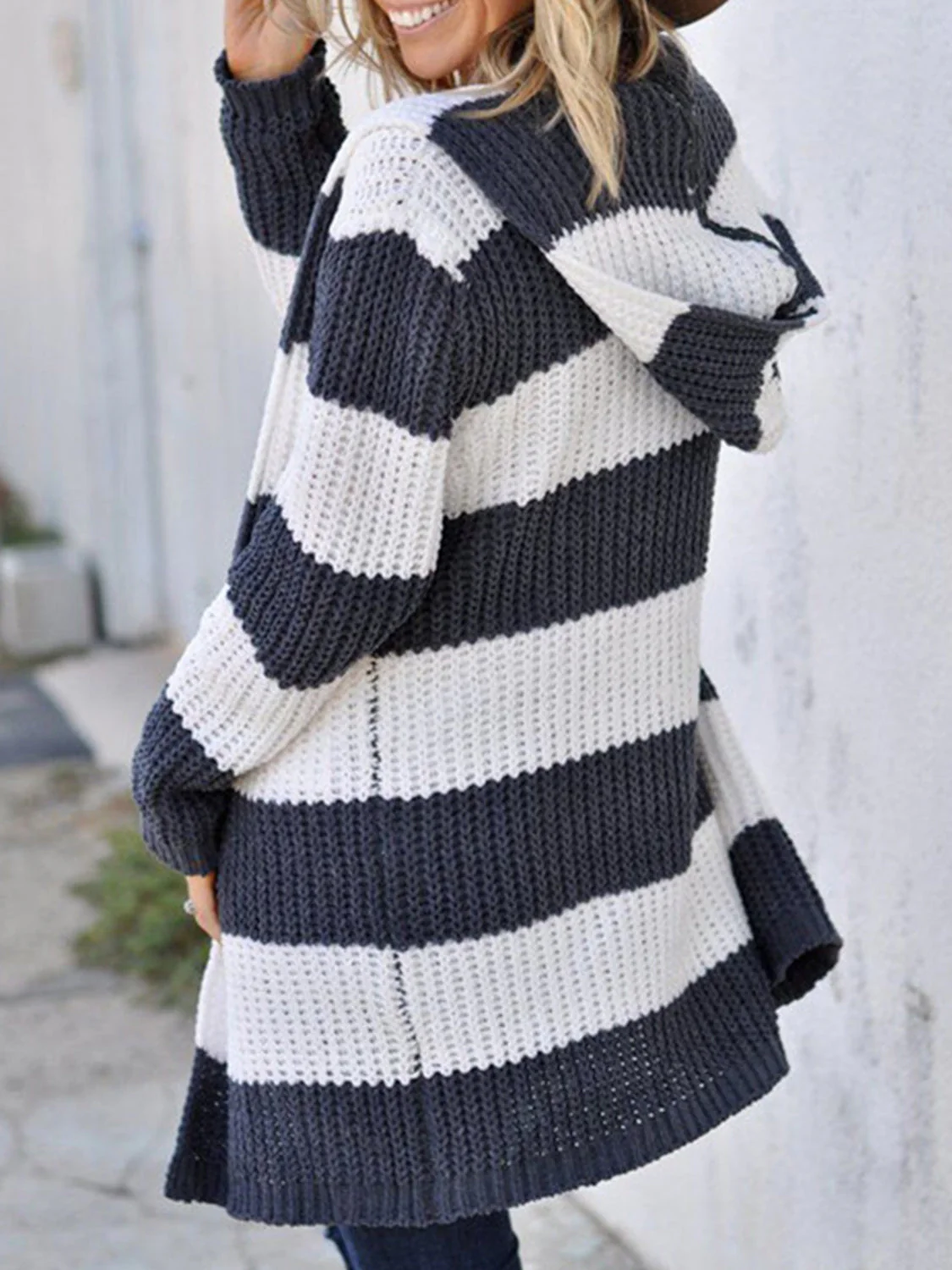 Striped Open Front Hooded Cardigan - Image 2