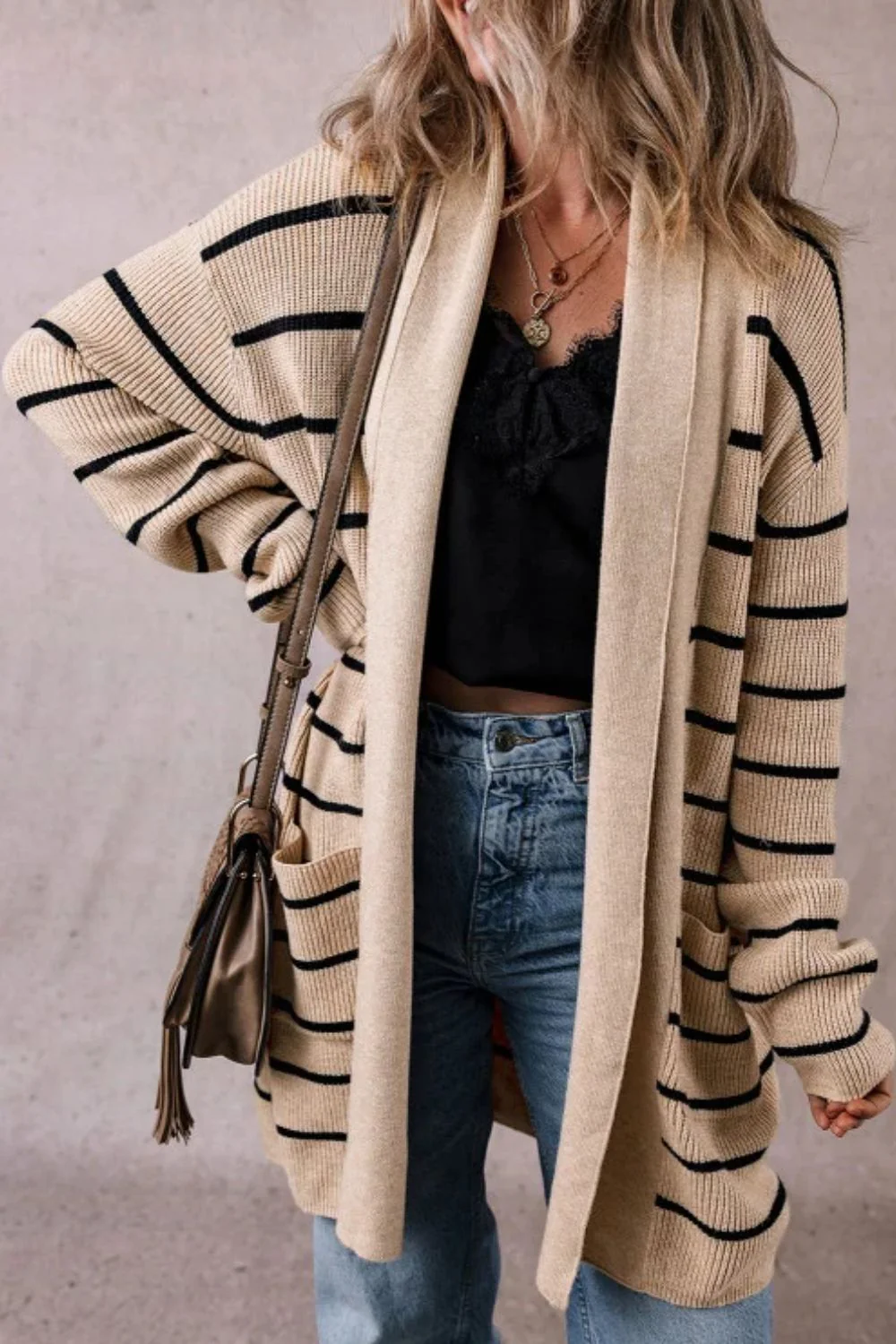 Striped Open Front Long Sleeve Cardigan - Image 2