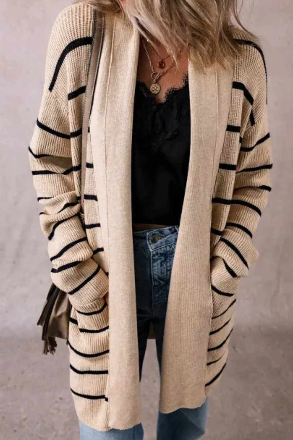 Striped Open Front Long Sleeve Cardigan - Image 3