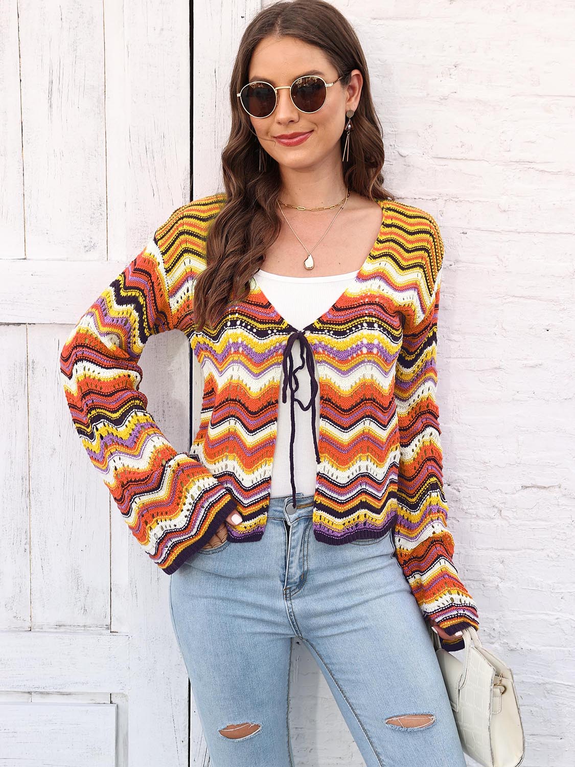 Striped Openwork Tied Cardigan - Image 4