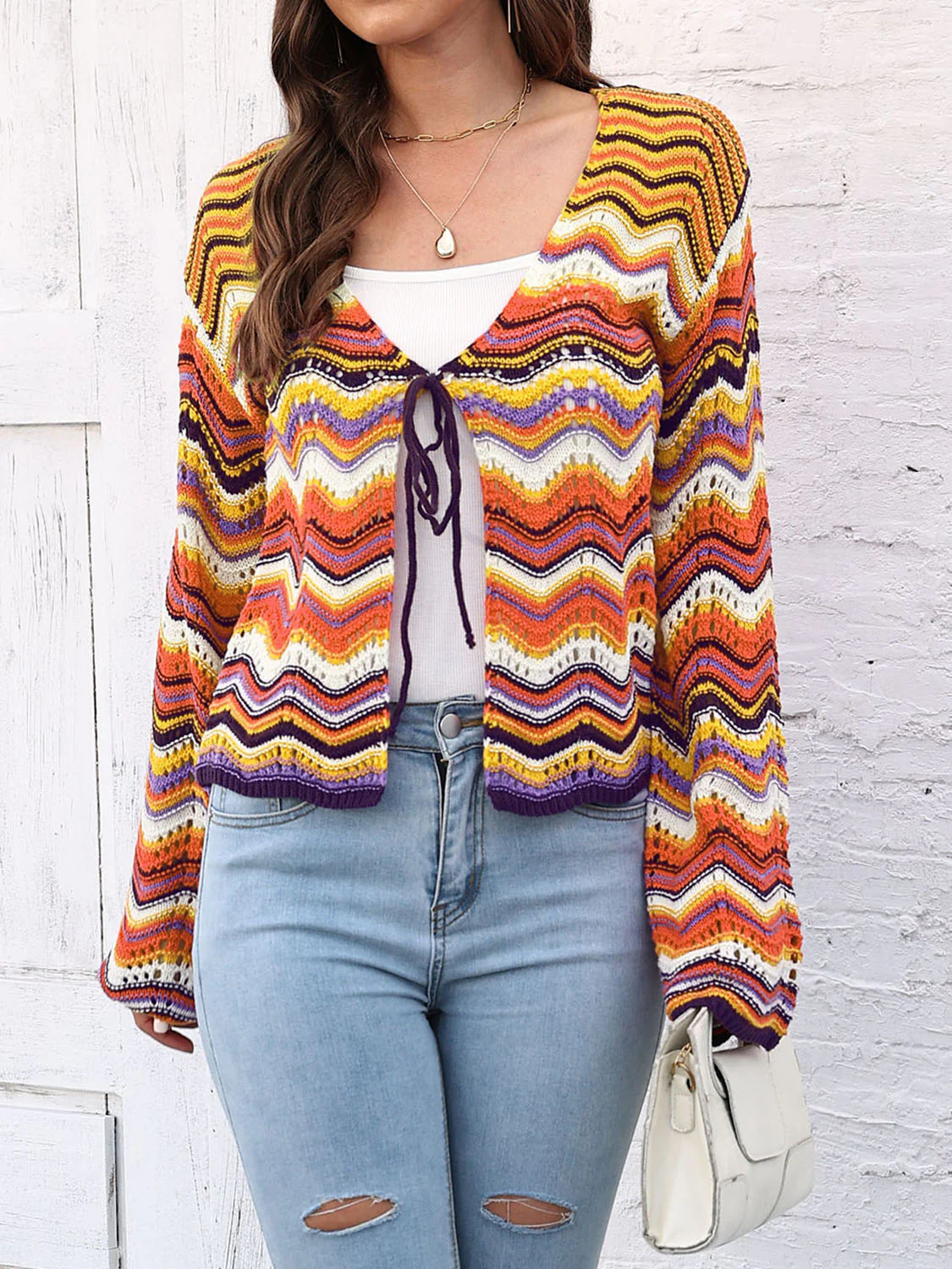 Striped Openwork Tied Cardigan - Image 5