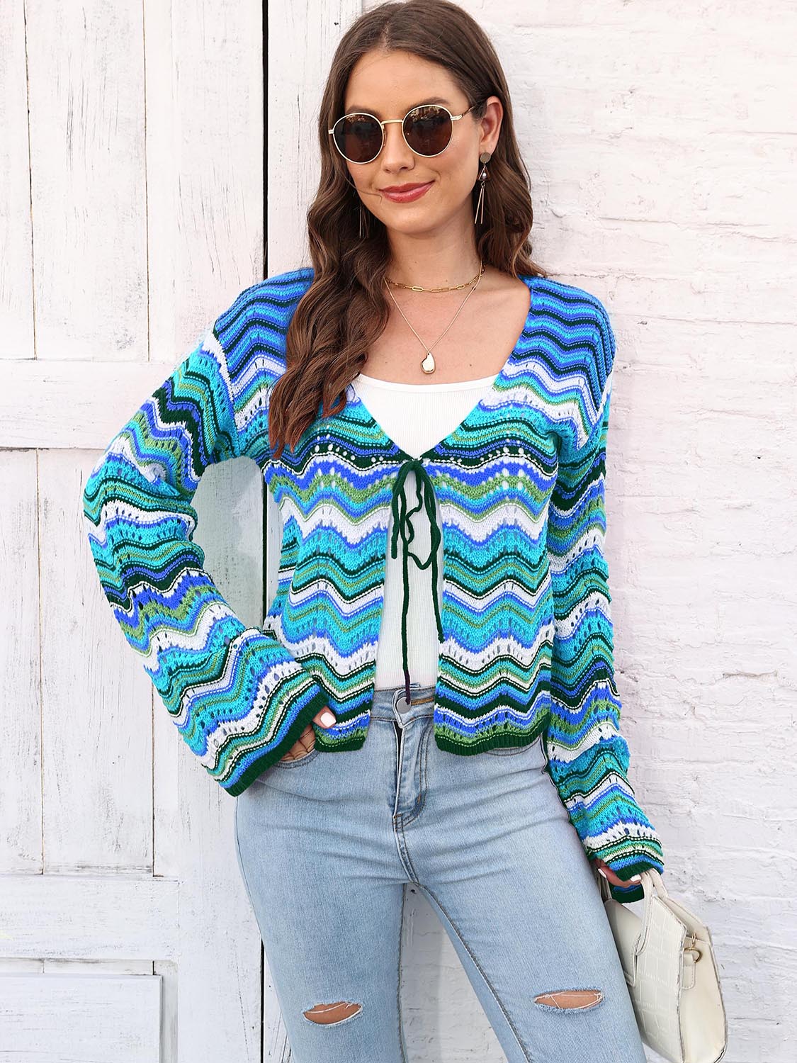 Striped Openwork Tied Cardigan - Image 7