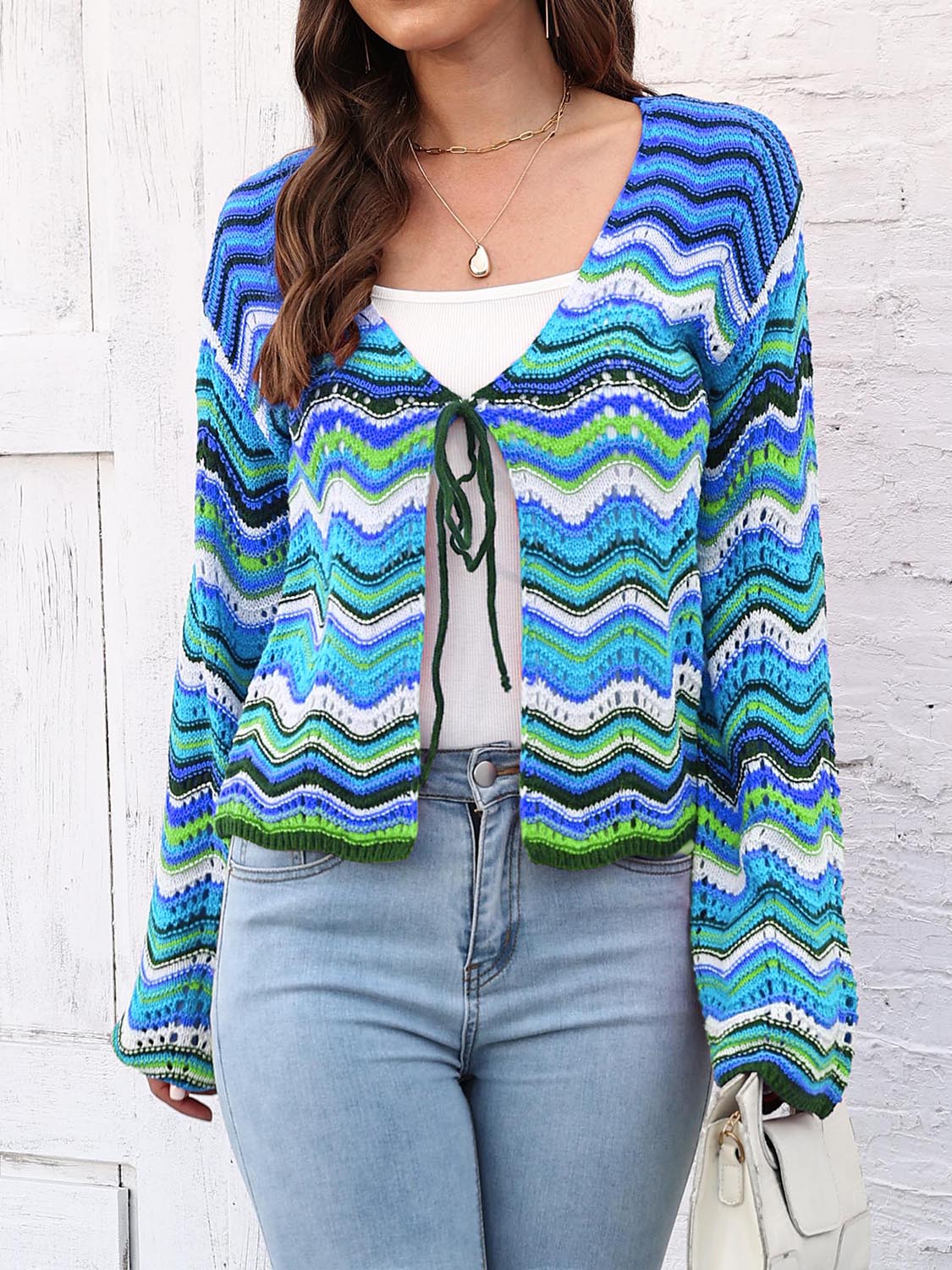 Striped Openwork Tied Cardigan - Image 8