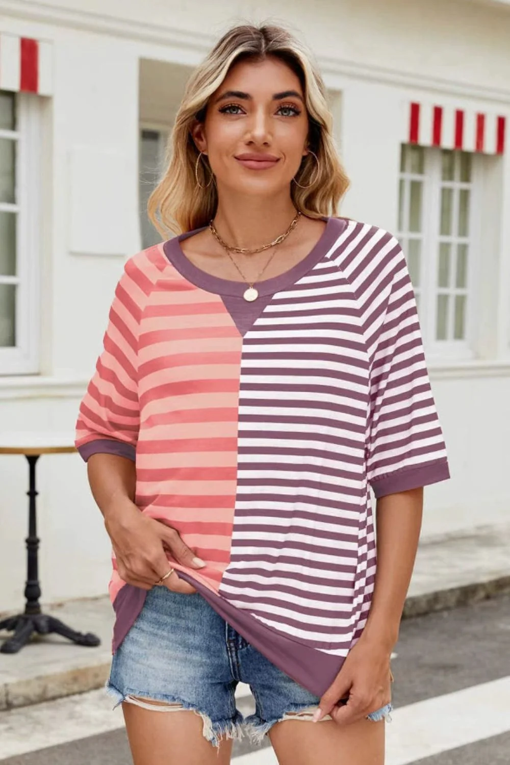 Striped Round Neck Half Sleeve T-Shirt - Image 13