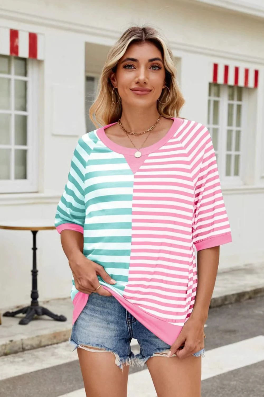 Striped Round Neck Half Sleeve T-Shirt - Image 5