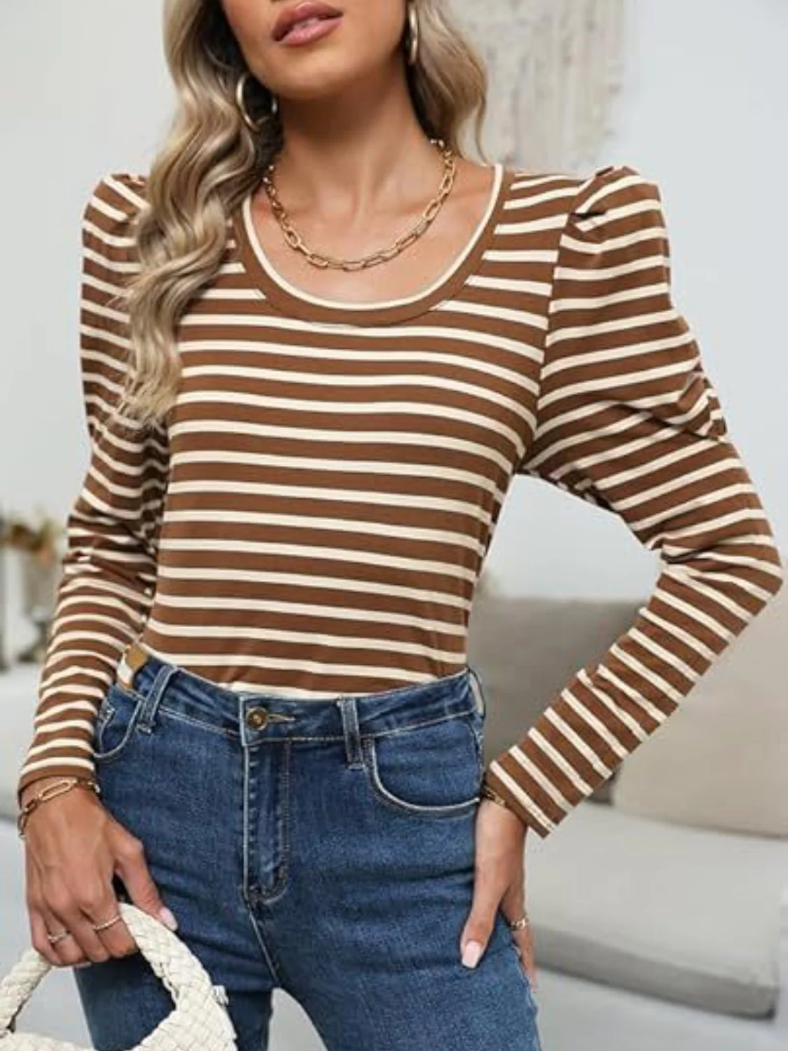 Striped Round Neck Long Sleeve T-Shirt - Image 17