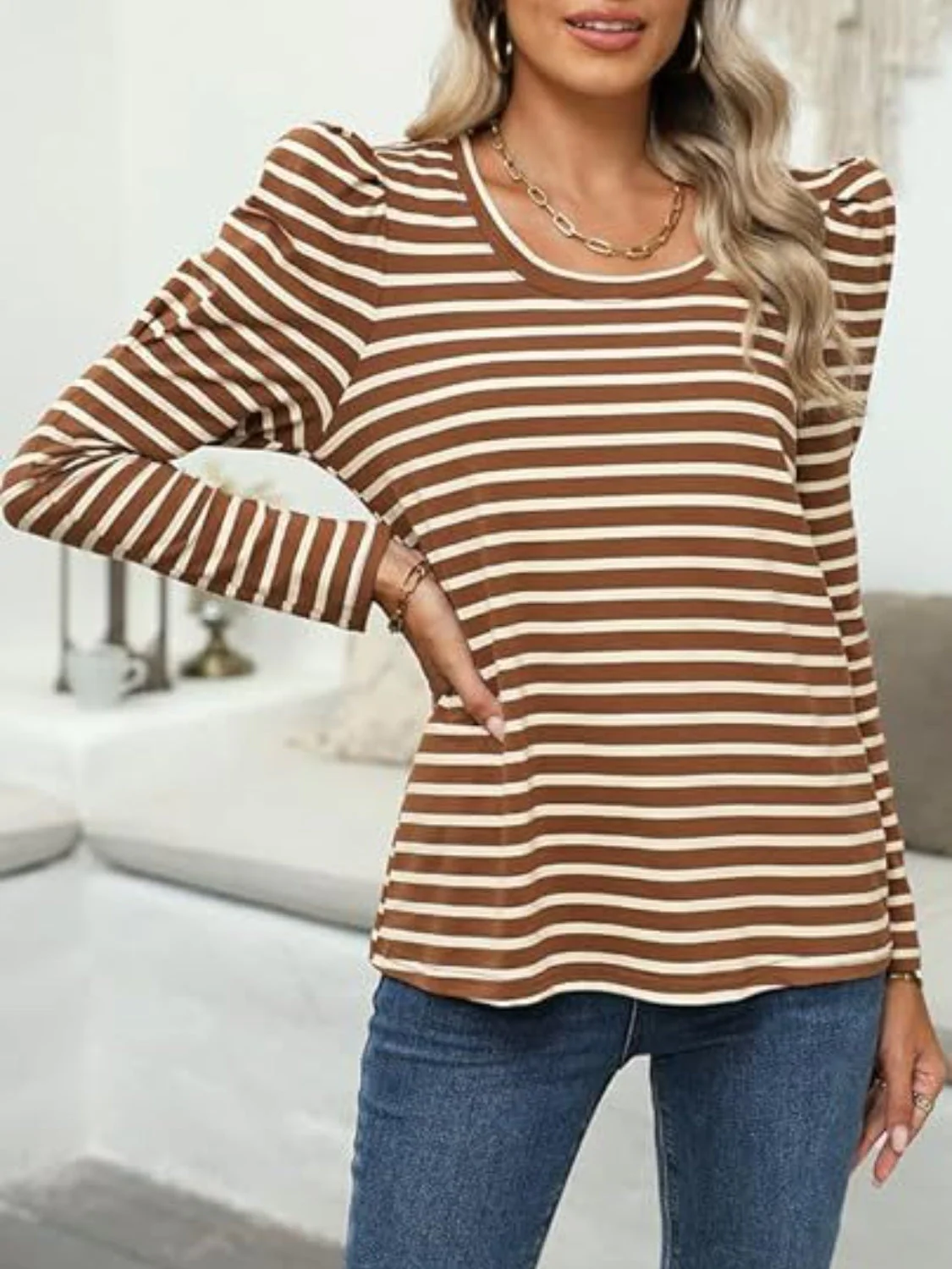 Striped Round Neck Long Sleeve T-Shirt - Image 19