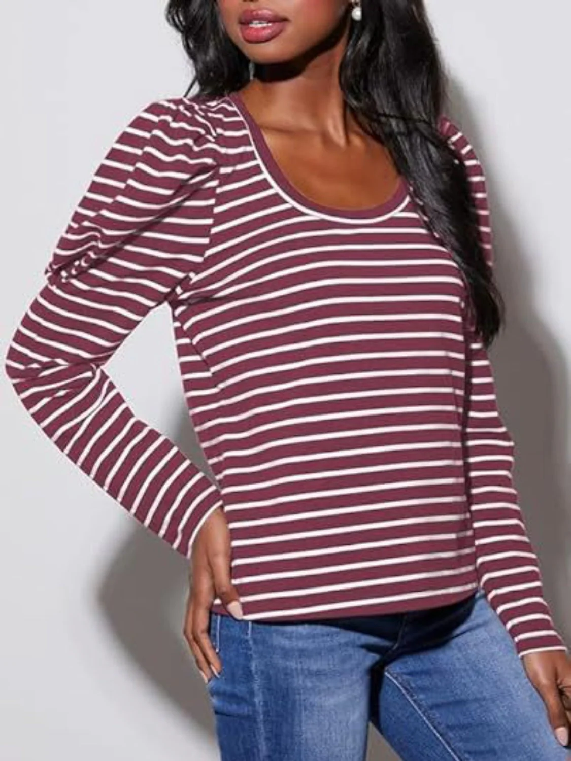 Striped Round Neck Long Sleeve T-Shirt - Image 25