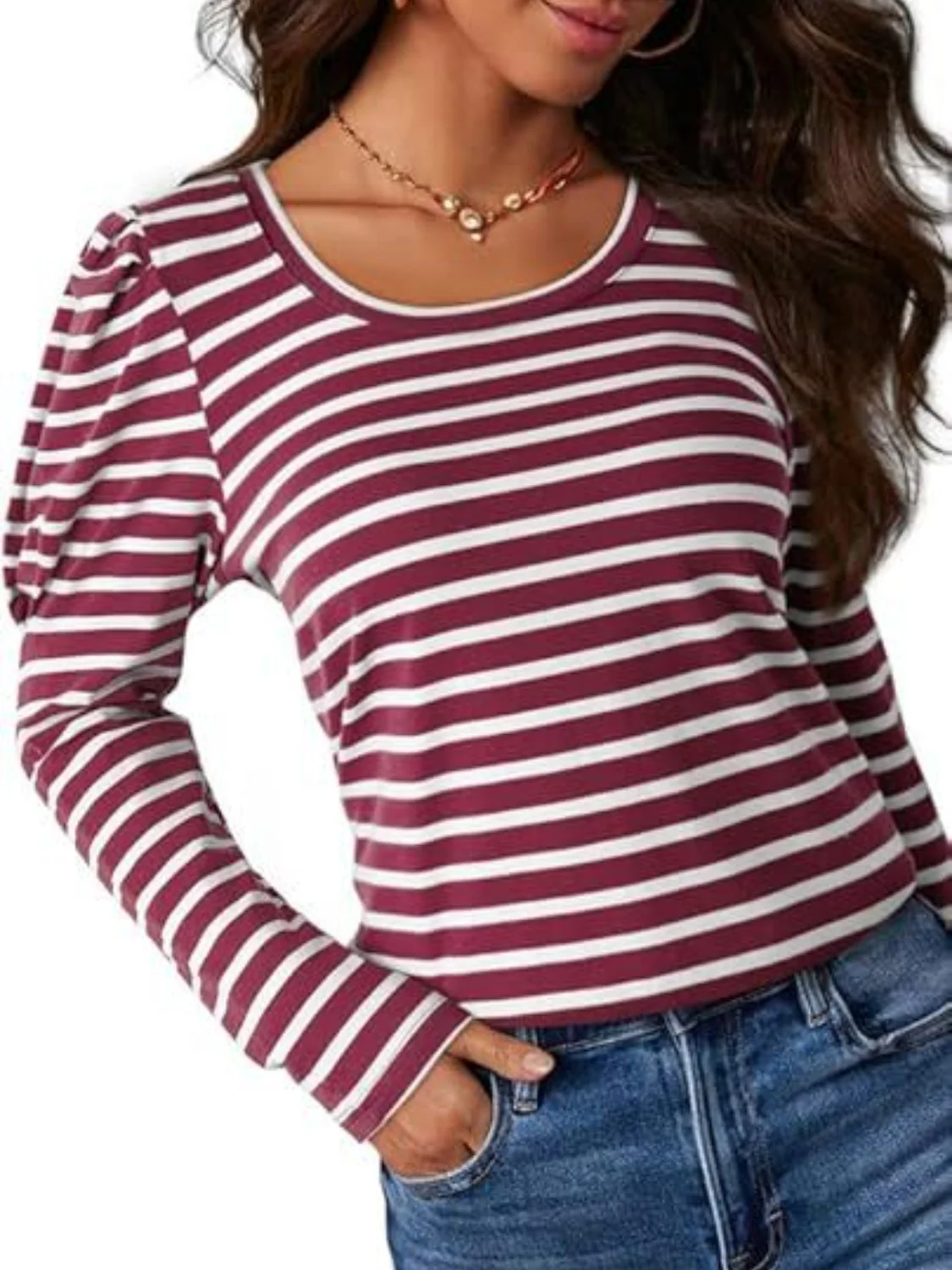 Striped Round Neck Long Sleeve T-Shirt - Image 26