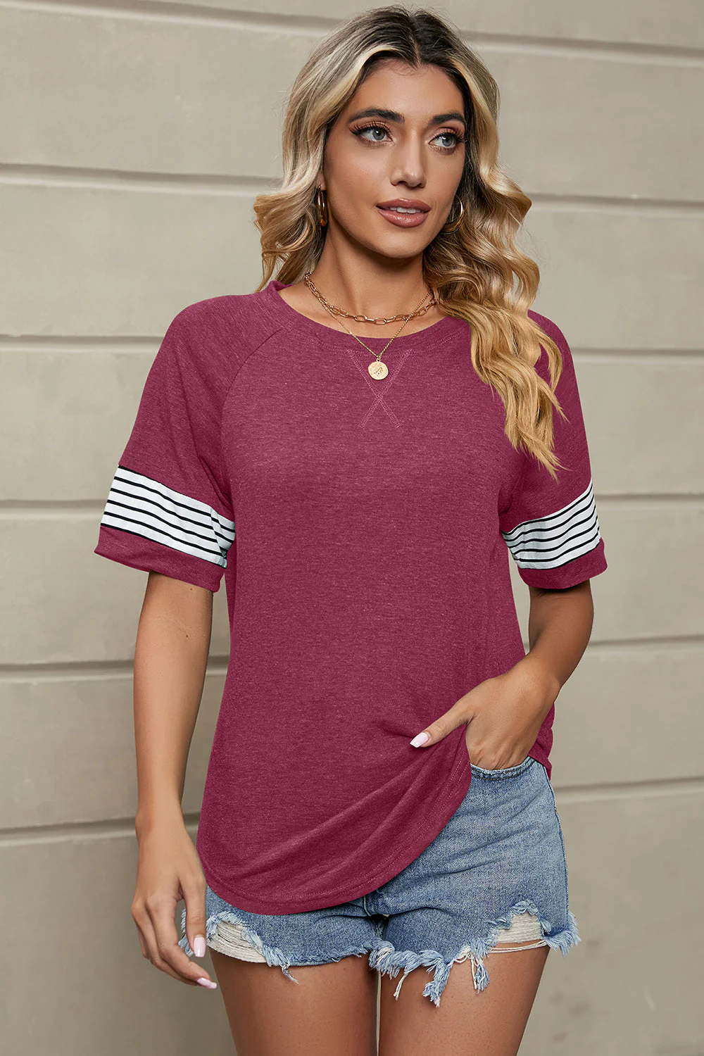 Striped Round Neck Short Sleeve T-Shirt - Image 14