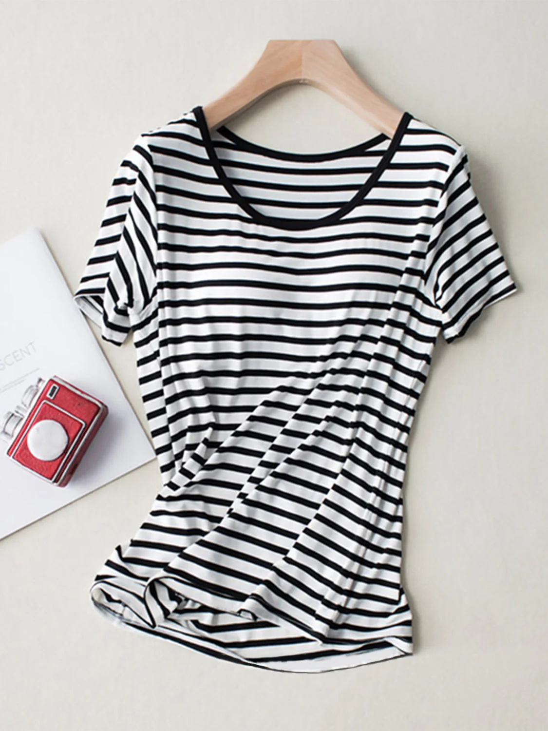 Striped Round Neck Short Sleeve T-Shirt with Bra - Image 13