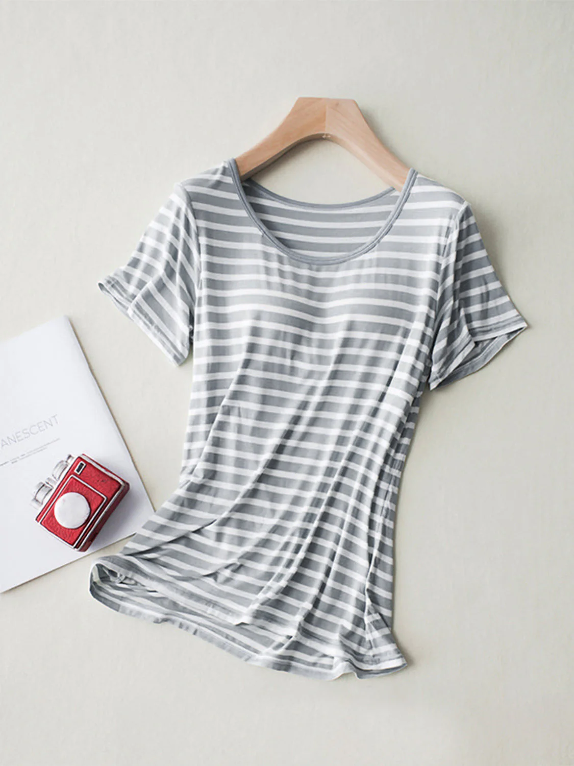 Striped Round Neck Short Sleeve T-Shirt with Bra - Image 4