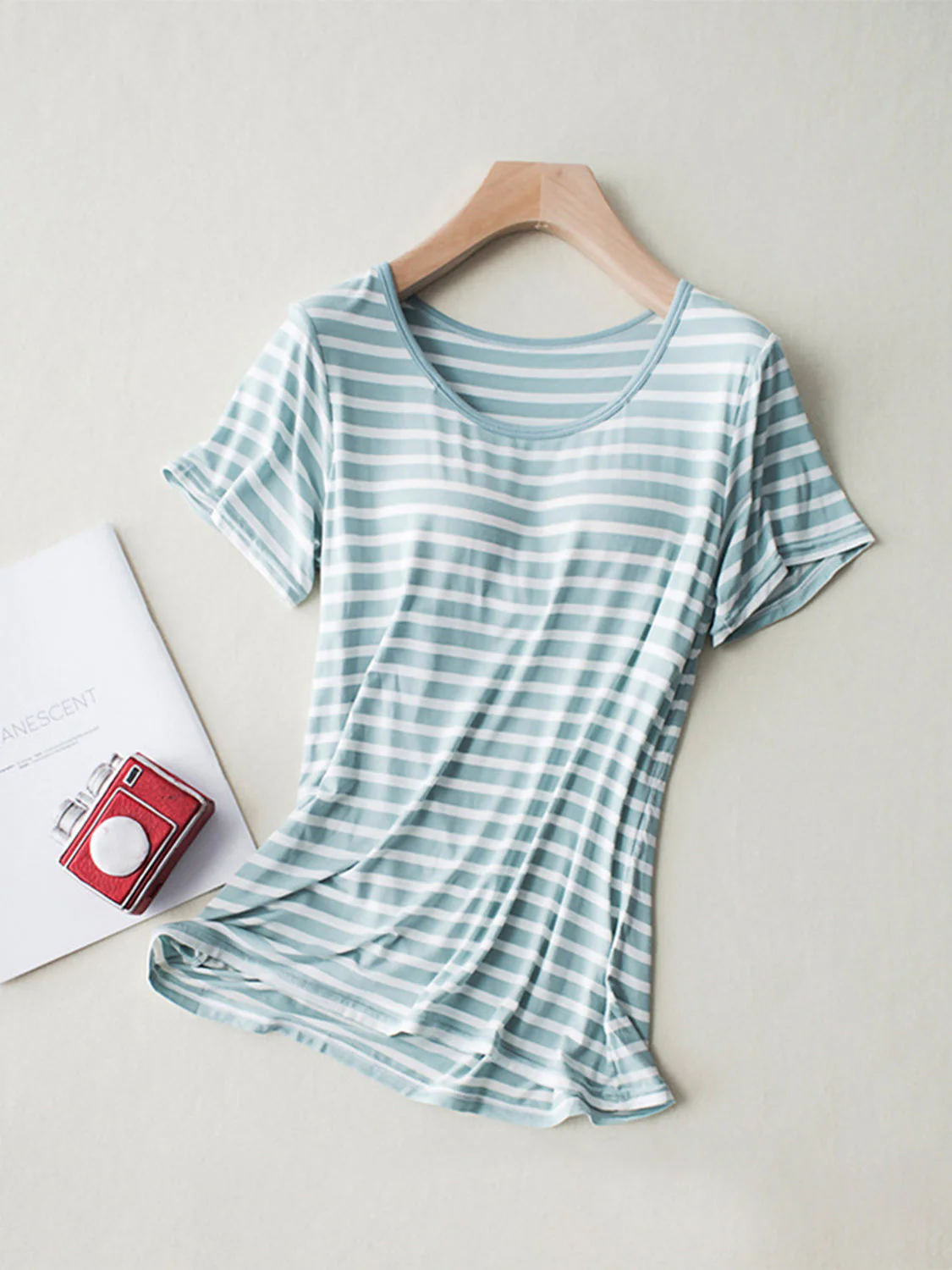 Striped Round Neck Short Sleeve T-Shirt with Bra - Image 8