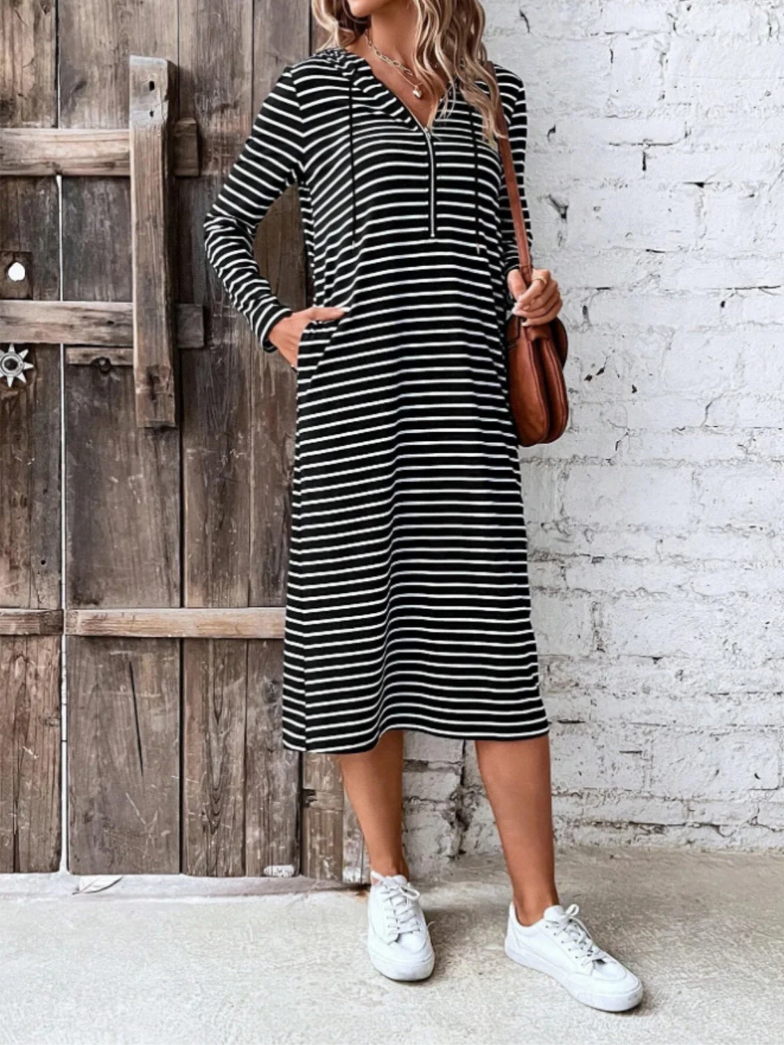 Striped Zip Front Hooded Dress - Image 3