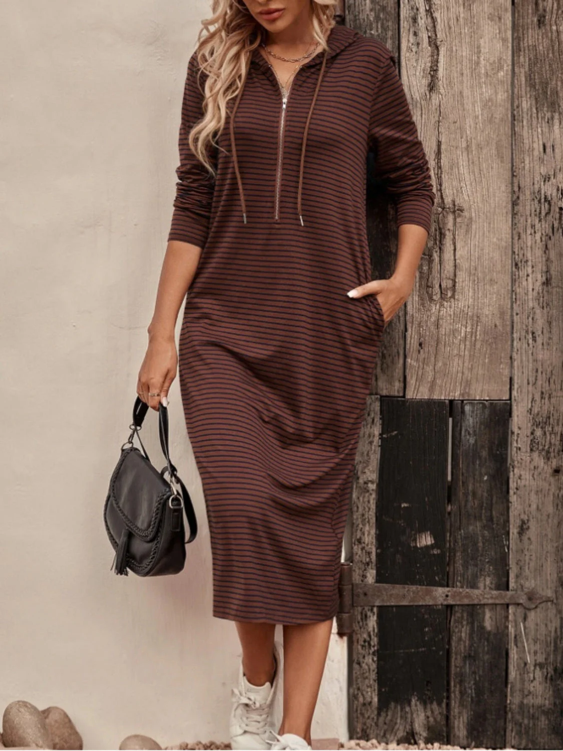 Striped Zip Front Hooded Dress - Image 6