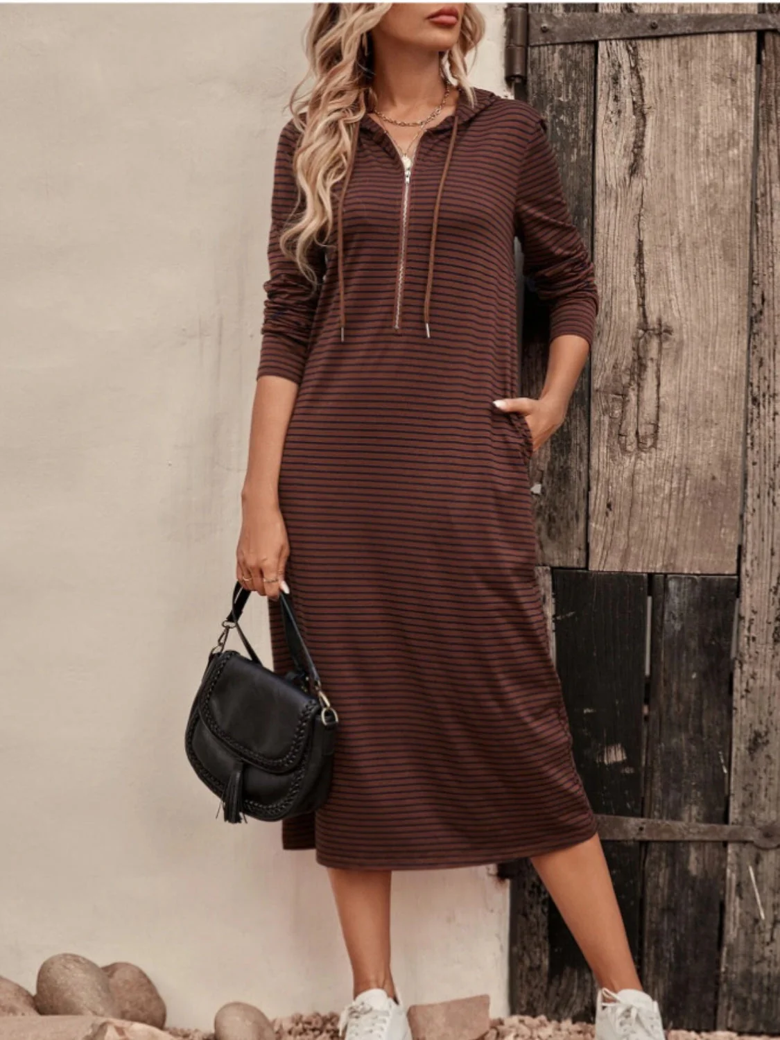 Striped Zip Front Hooded Dress - Image 7