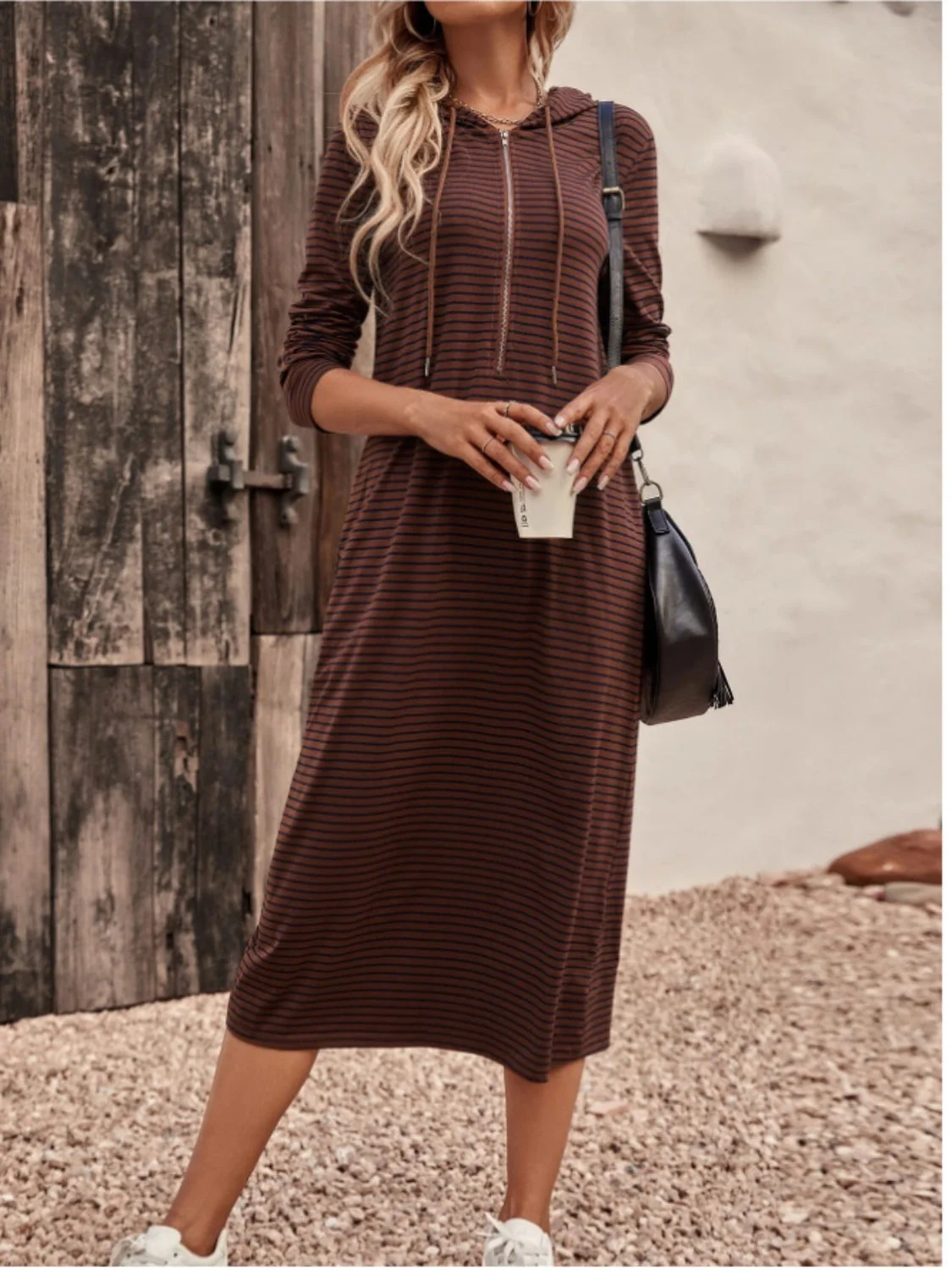 Striped Zip Front Hooded Dress - Image 8
