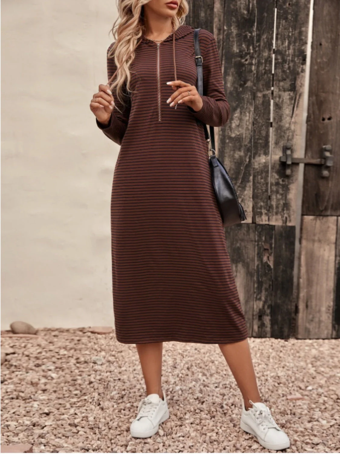 Striped Zip Front Hooded Dress - Image 9