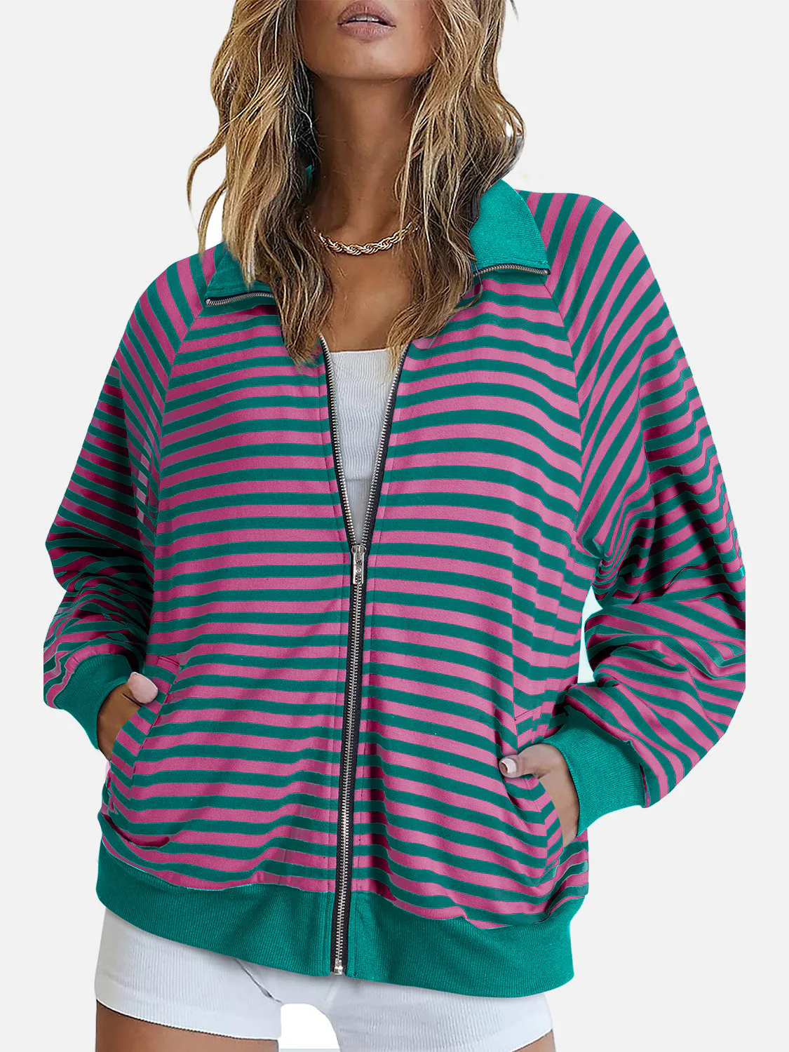 Striped Zip Up Long Sleeve Sweatshirt - Image 4