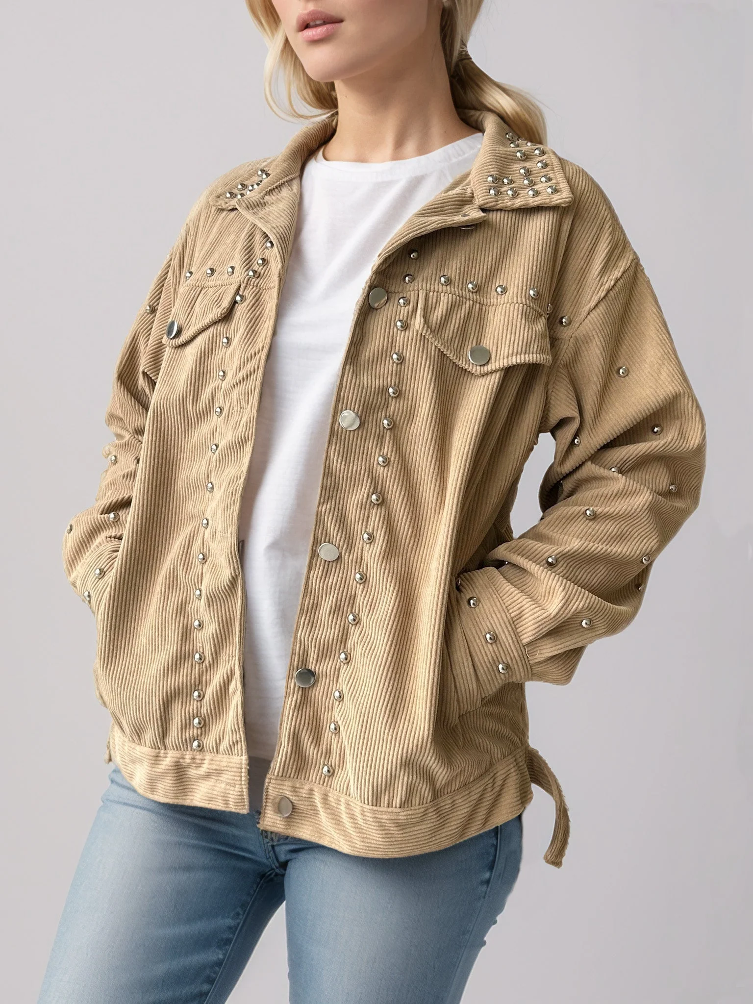 Studded Collared Neck Button Up Jacket - Image 3