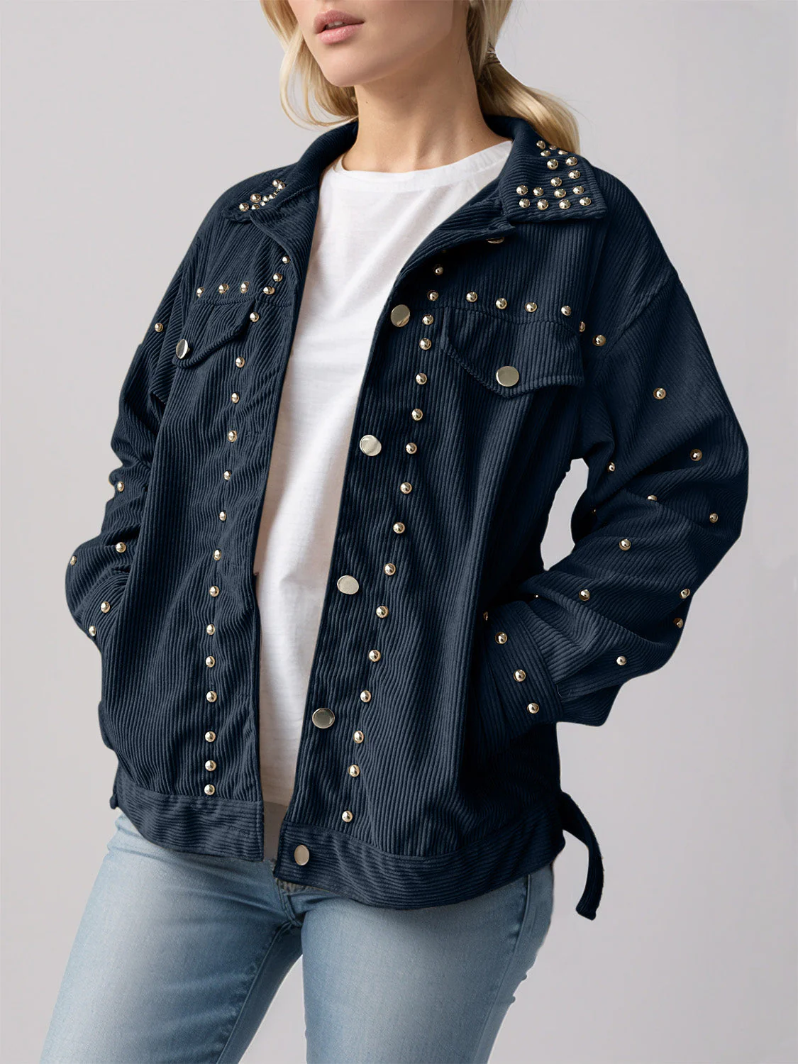 Studded Collared Neck Button Up Jacket - Image 4