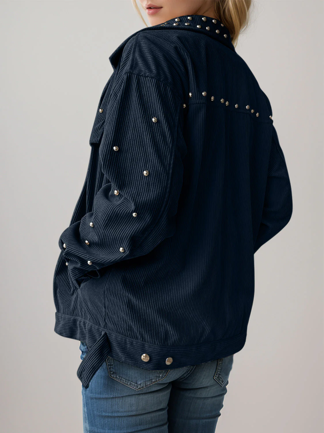 Studded Collared Neck Button Up Jacket - Image 5