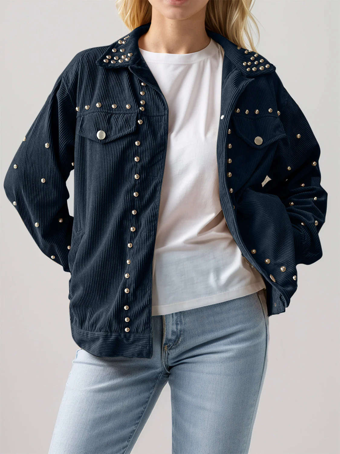 Studded Collared Neck Button Up Jacket - Image 6