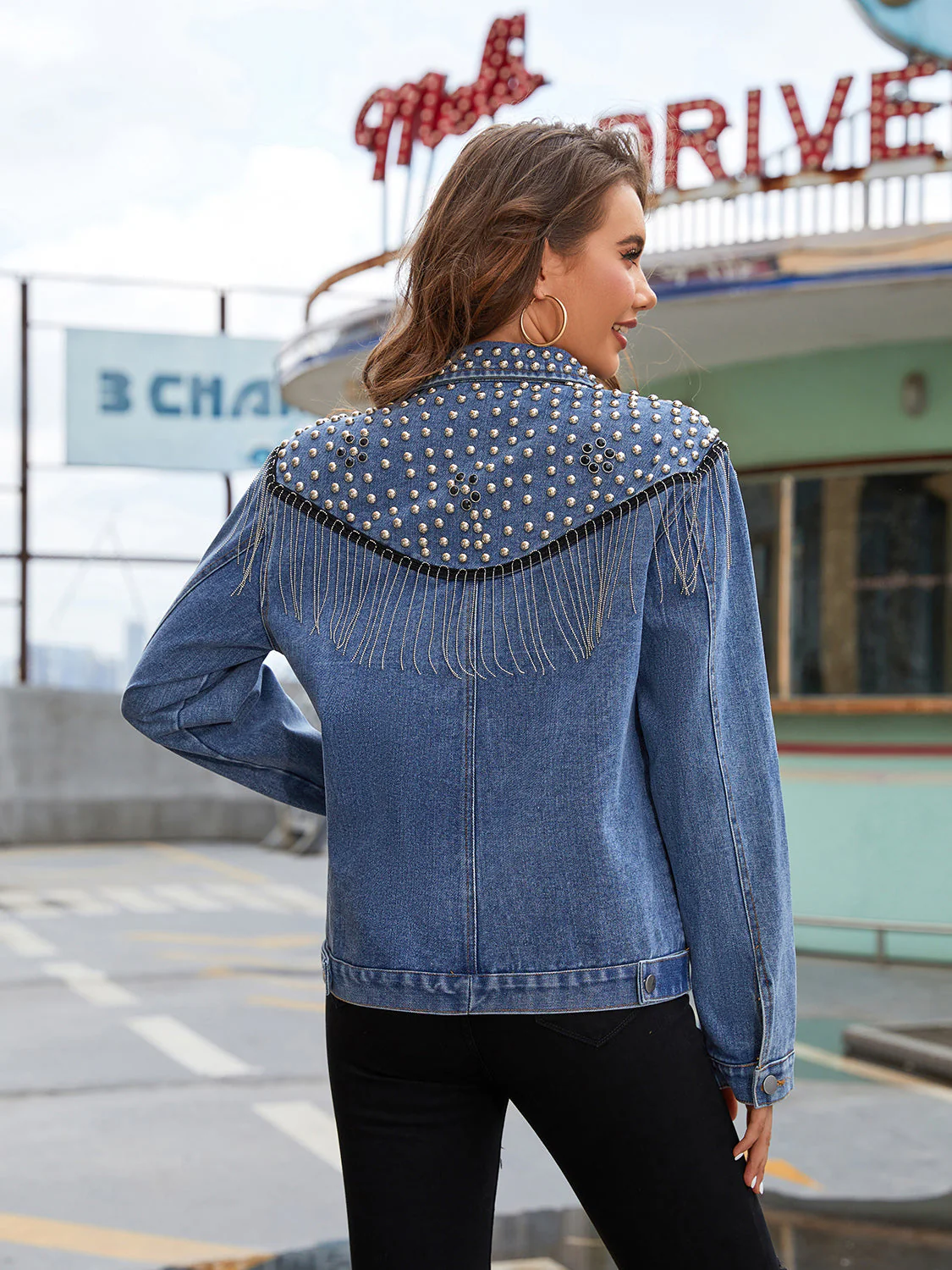 Studded Fringe Button Down Denim Jacket - Image 2