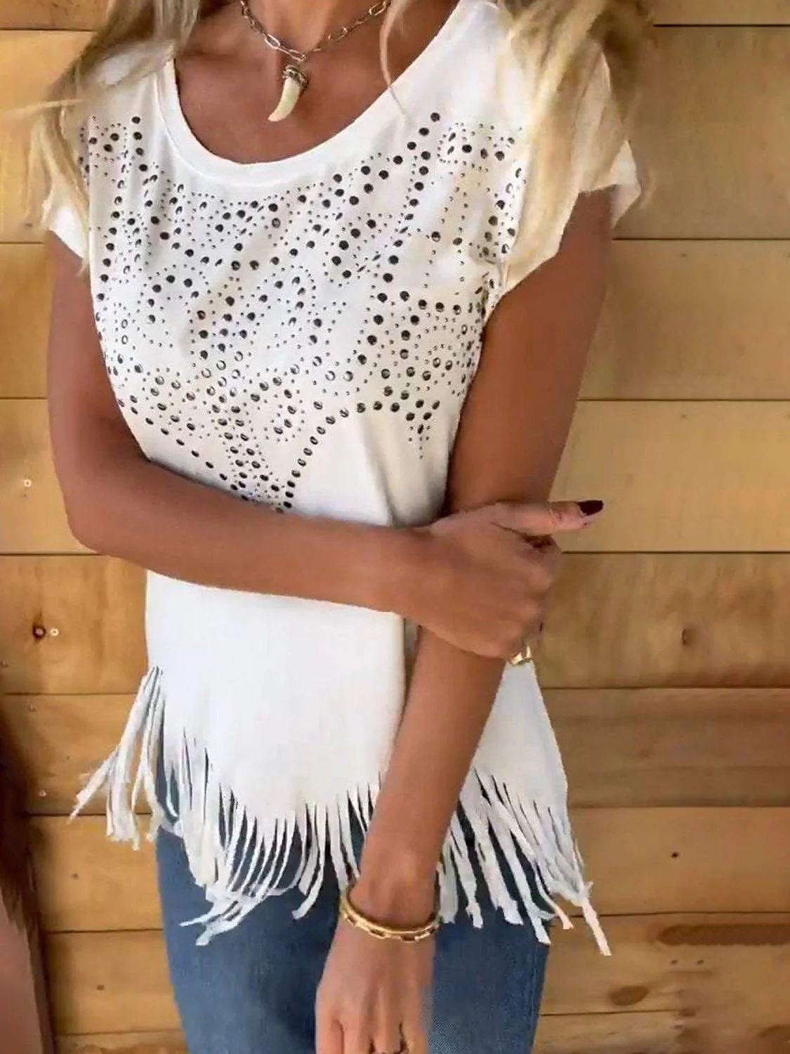 Studded Fringe Round Neck Cap Sleeve T-Shirt - Image 3