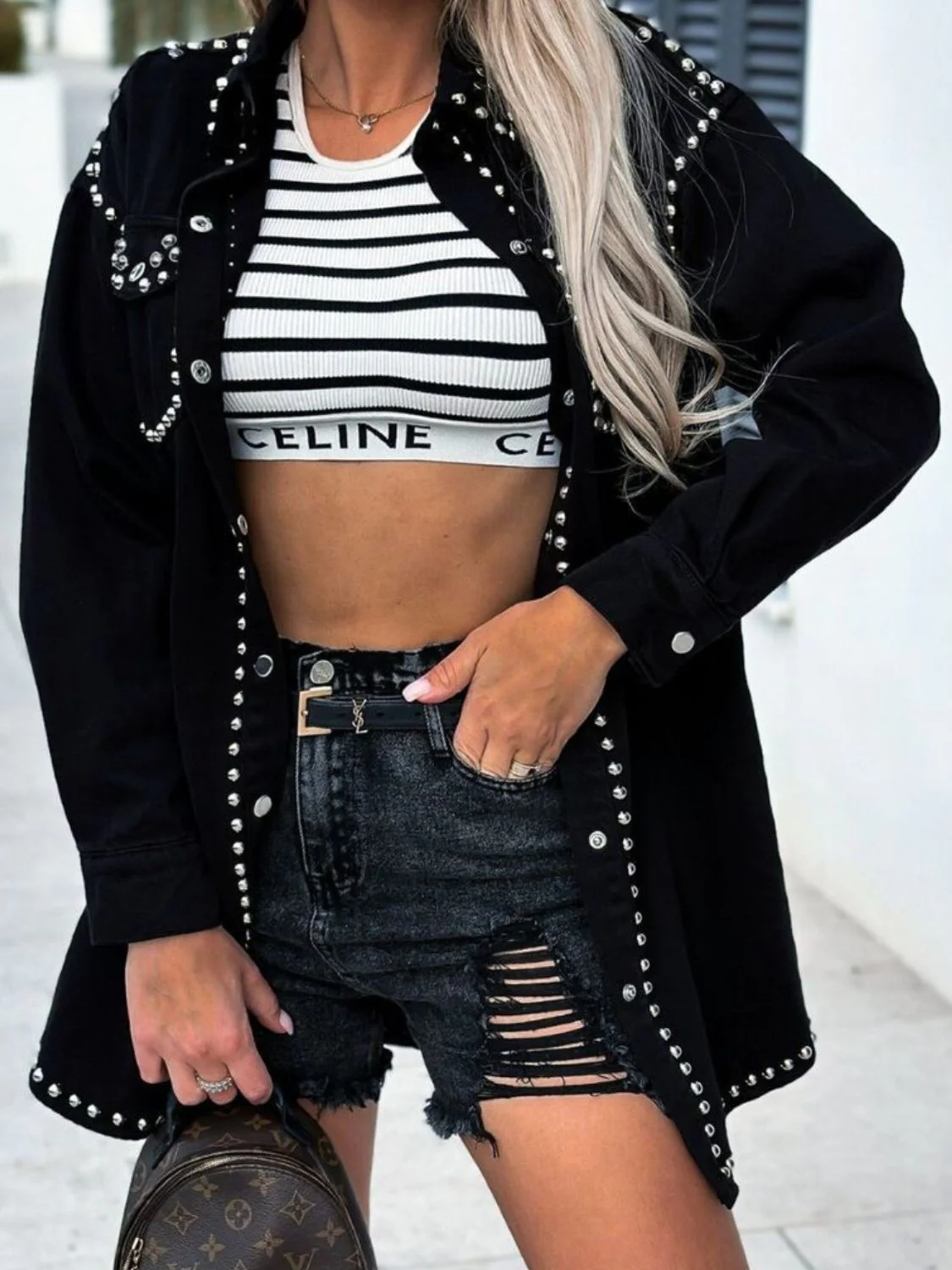 Studded Snap Down Long Sleeve Denim Shacket - Image 2