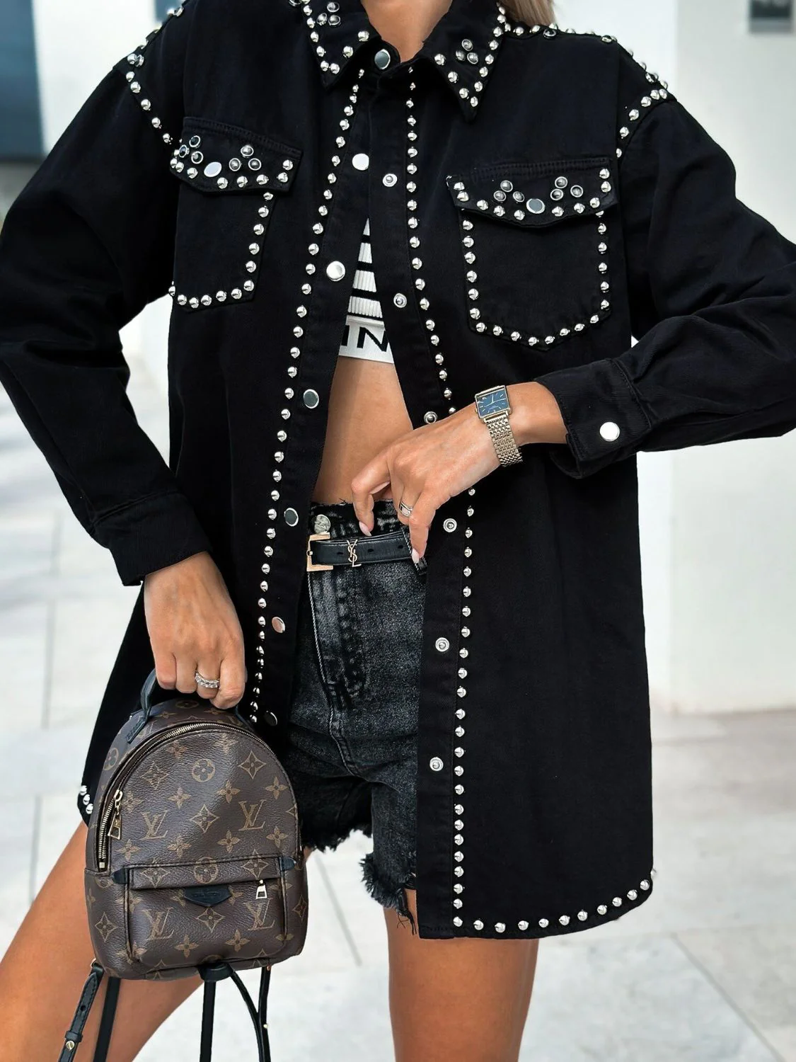 Studded Snap Down Long Sleeve Denim Shacket - Image 4