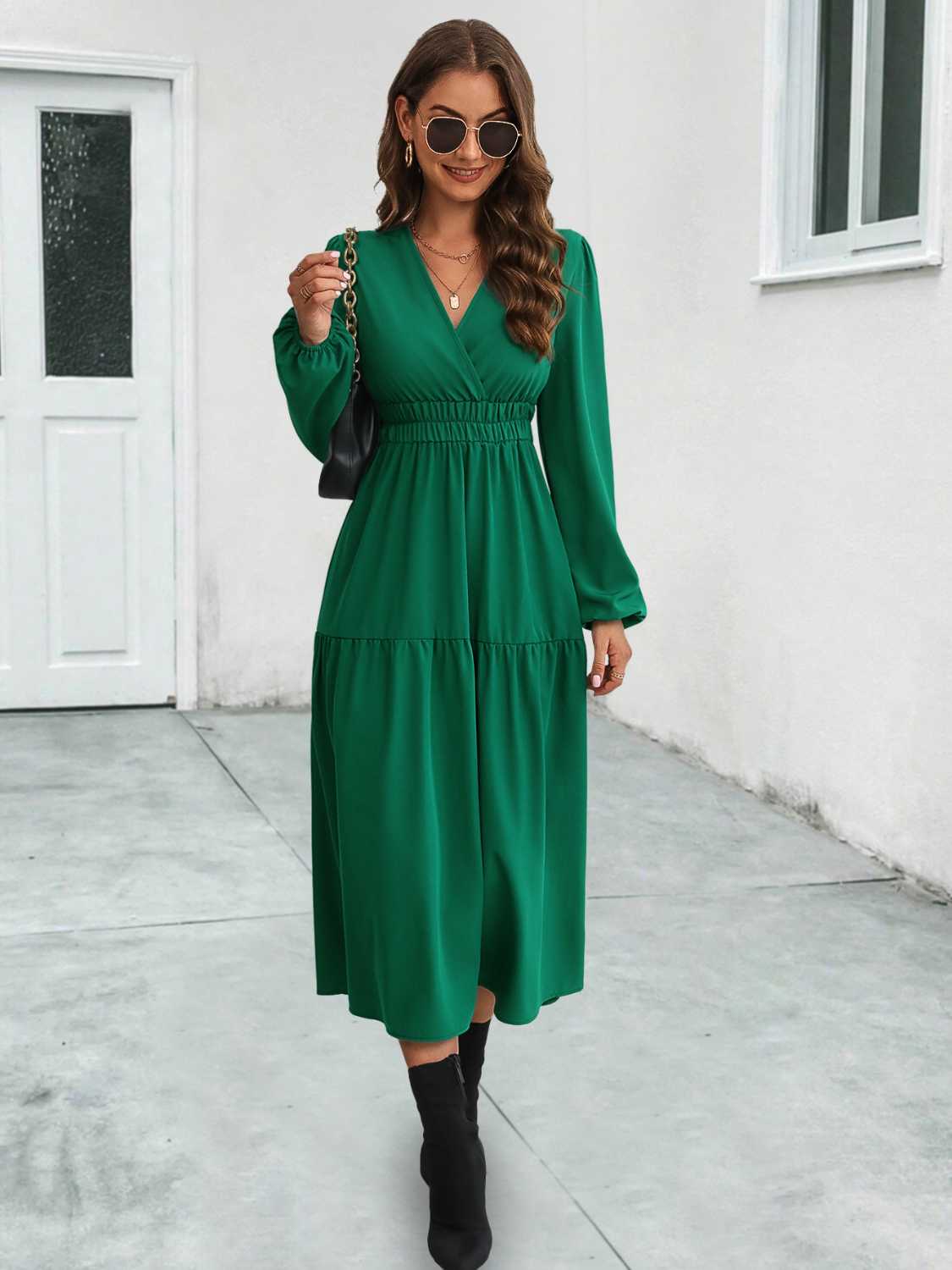 Surplice Neck Long Sleeve Midi Dress - Image 3