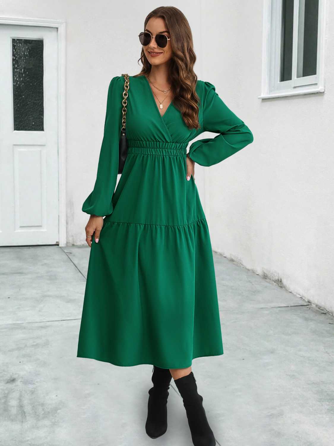 Surplice Neck Long Sleeve Midi Dress - Image 4