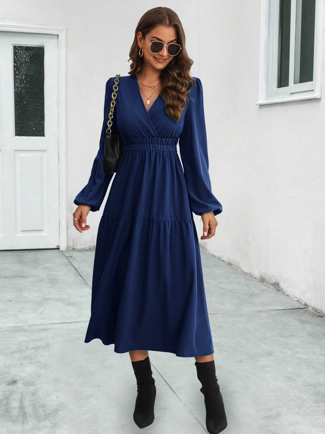 Surplice Neck Long Sleeve Midi Dress - Image 5