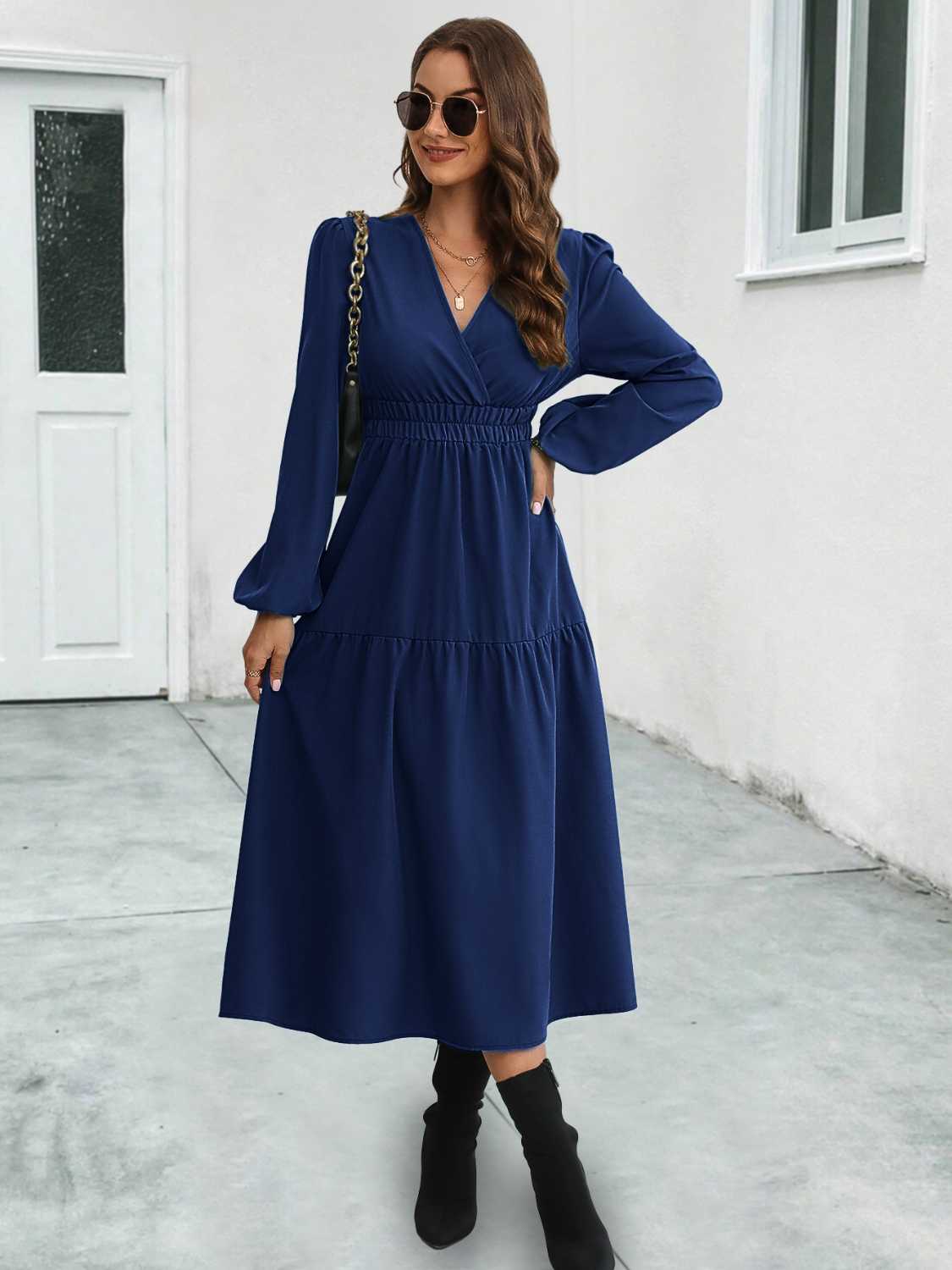 Surplice Neck Long Sleeve Midi Dress - Image 8