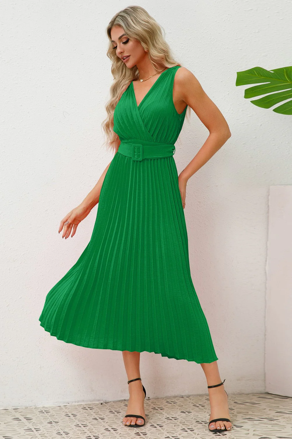 Surplice Sleeveless Midi Pleated Dress - Image 10